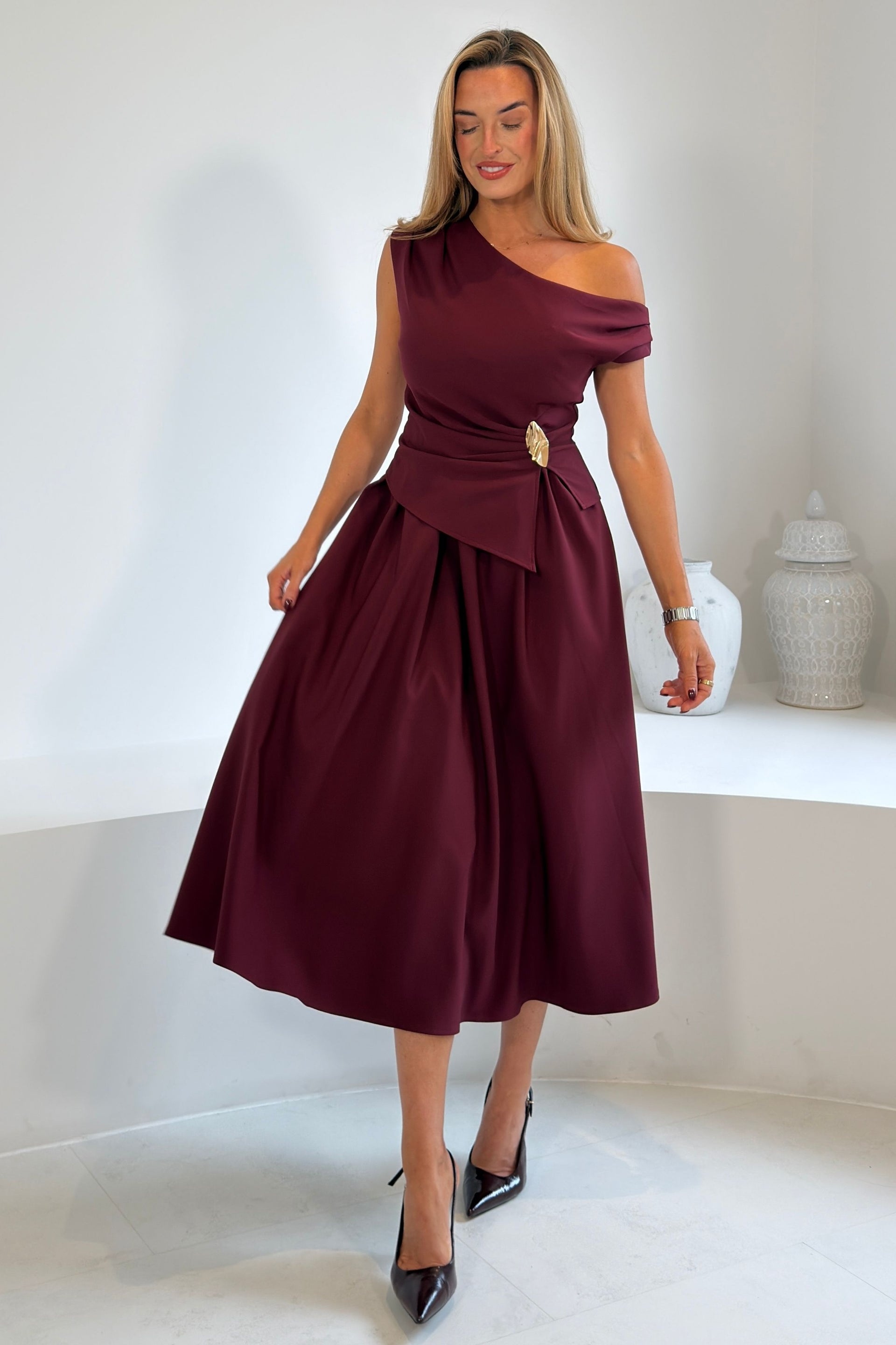 Simran Asymmetric Gold Buckle Midi Dress Wine