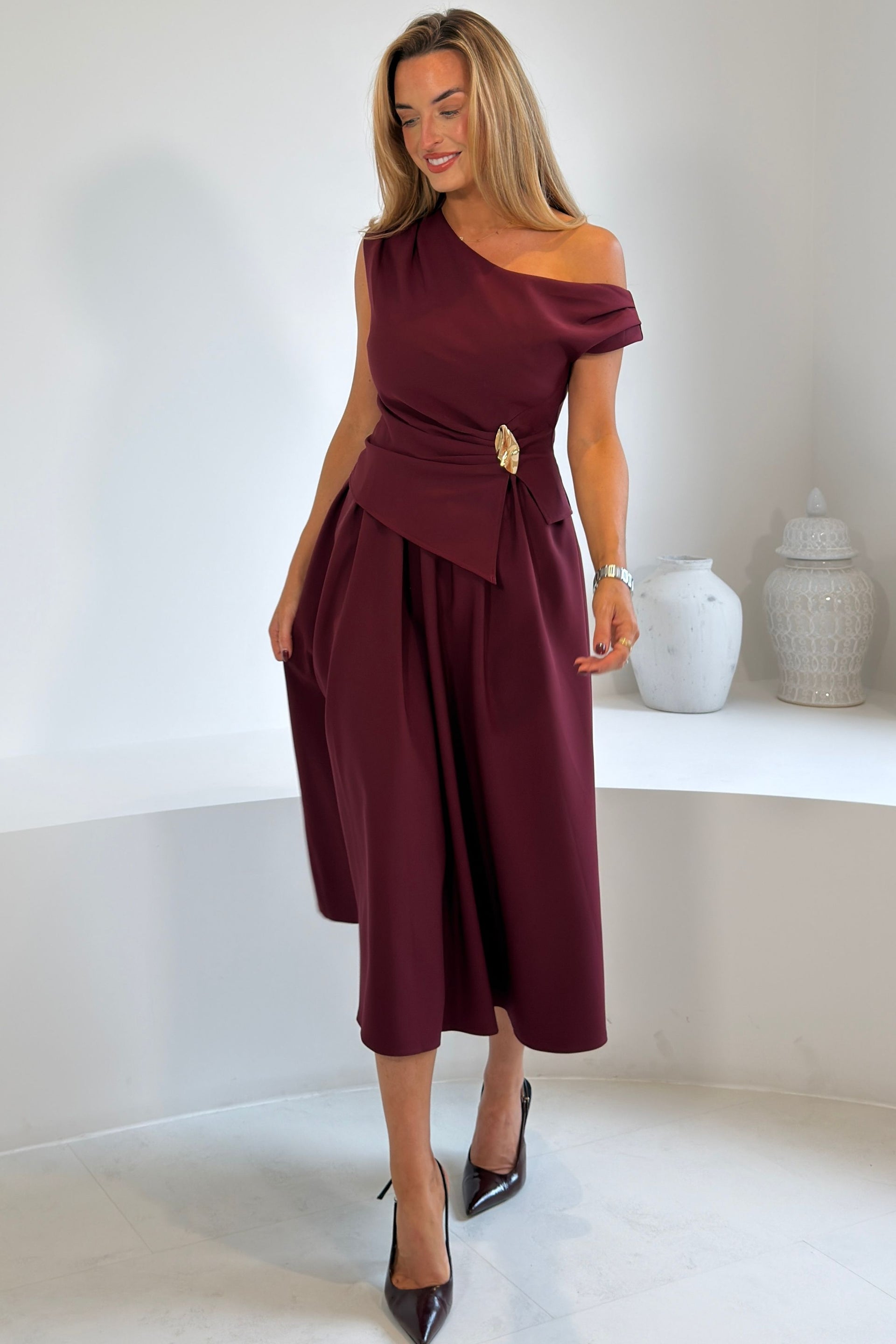 Simran Asymmetric Gold Buckle Midi Dress Wine
