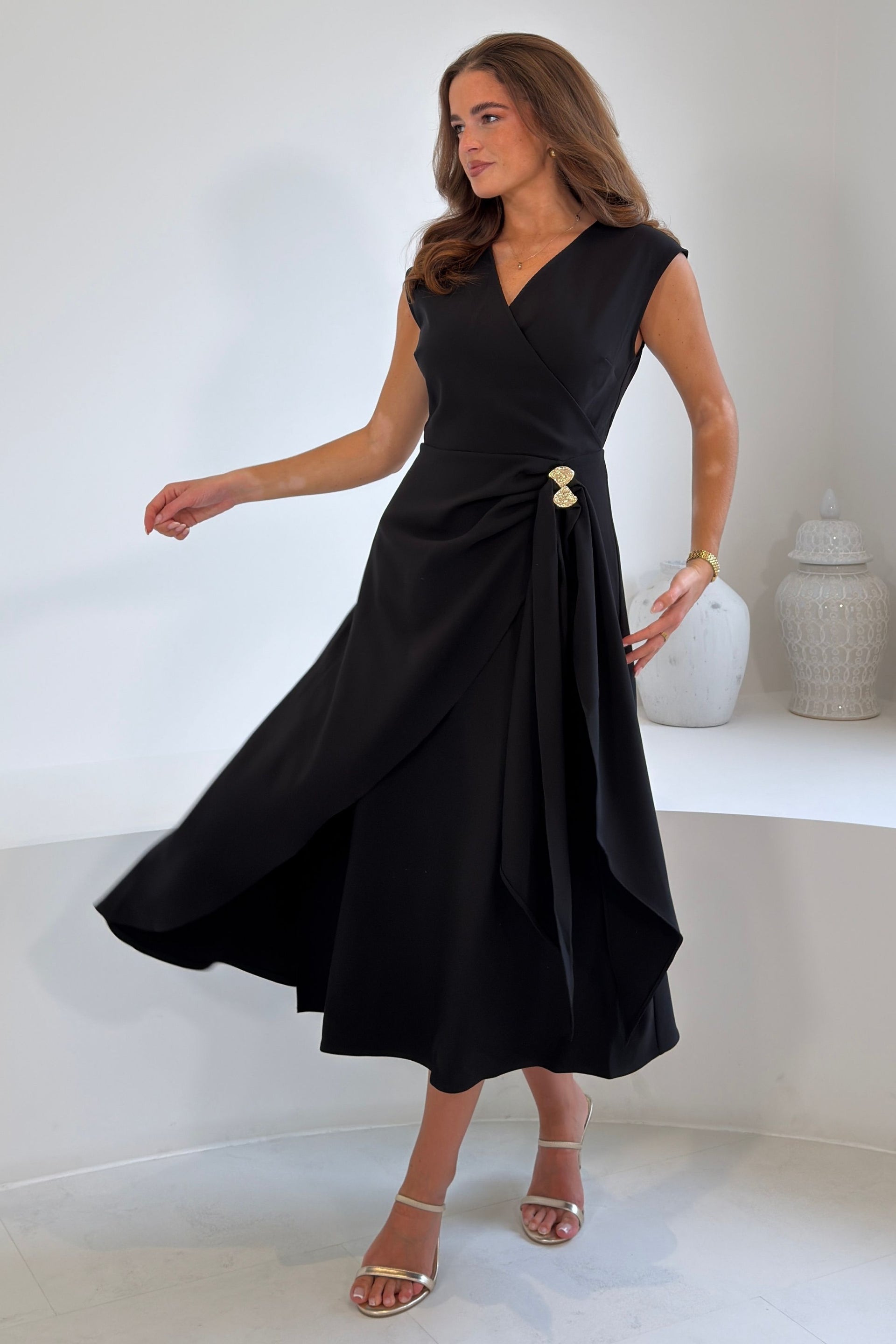 Annette Wrap Buckle Detail Midi Dress Black