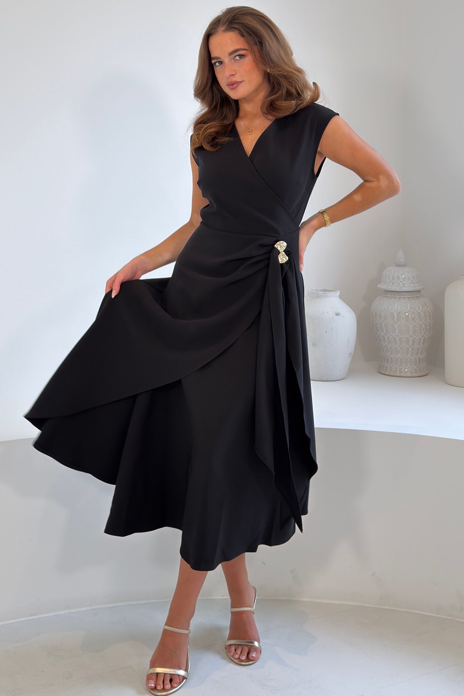 Annette Wrap Buckle Detail Midi Dress Black