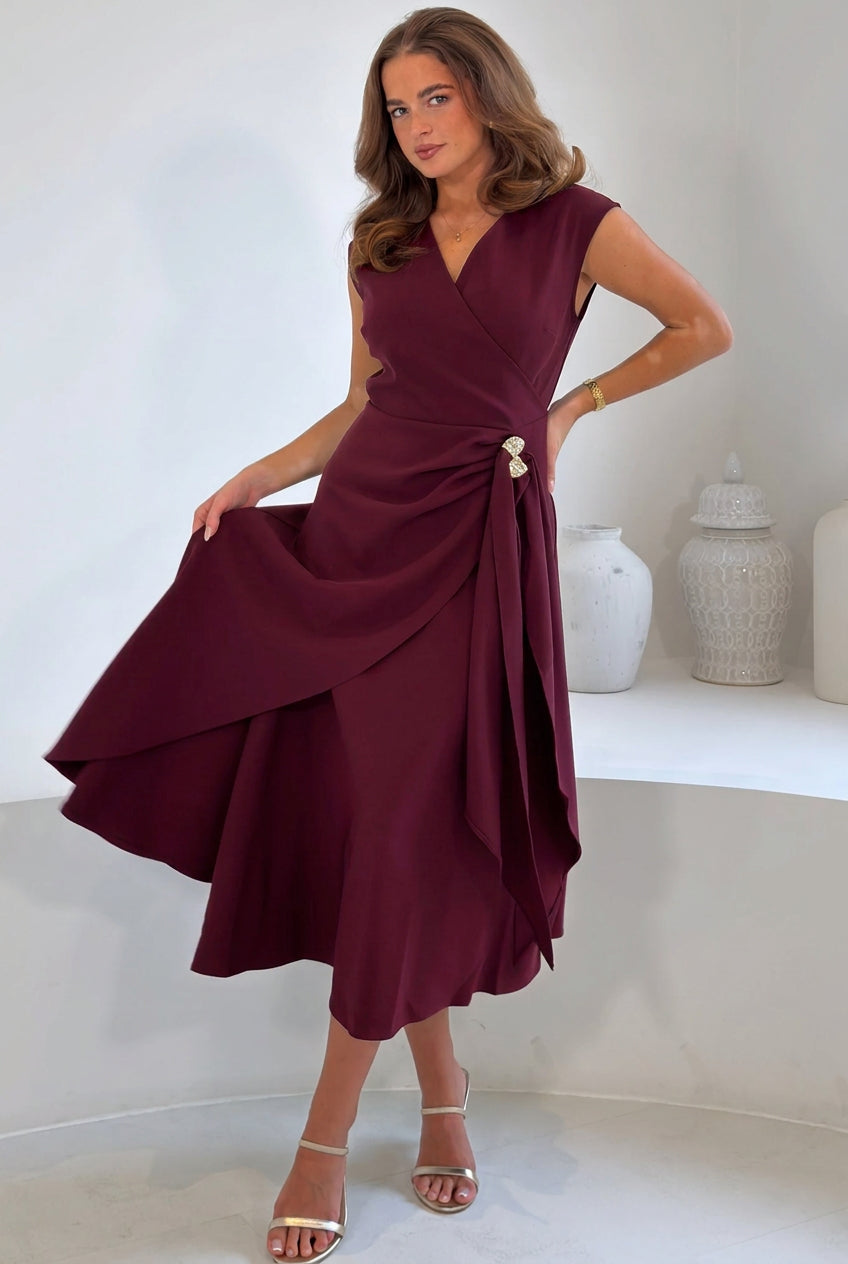 Annette Gold Buckle wrapy  Midi Dress Wine