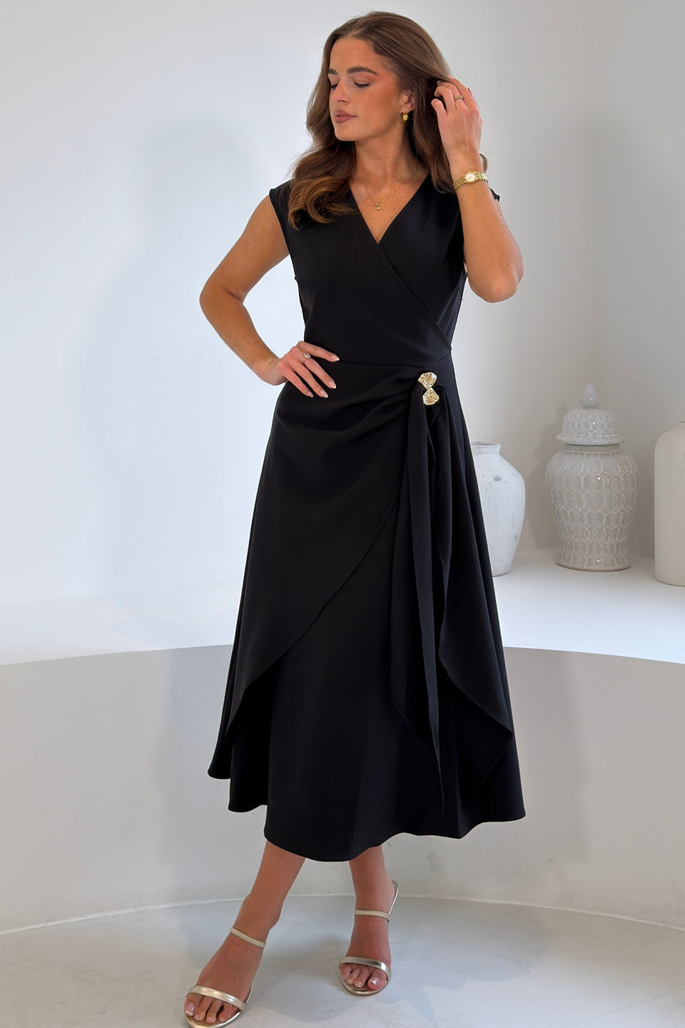 Annette Gold Buckle wrapy  Midi Dress Black