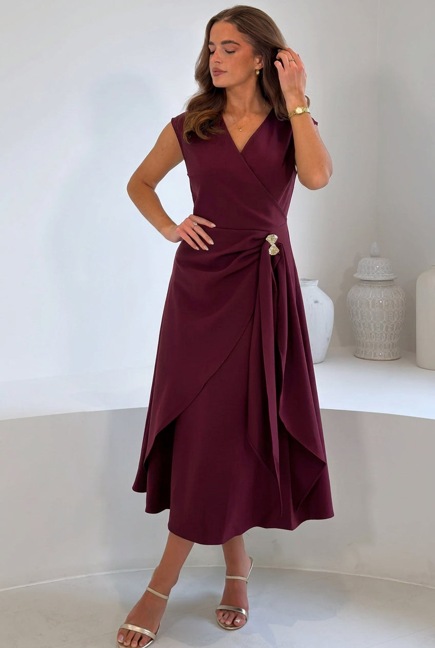Annette Gold Buckle wrapy  Midi Dress Wine