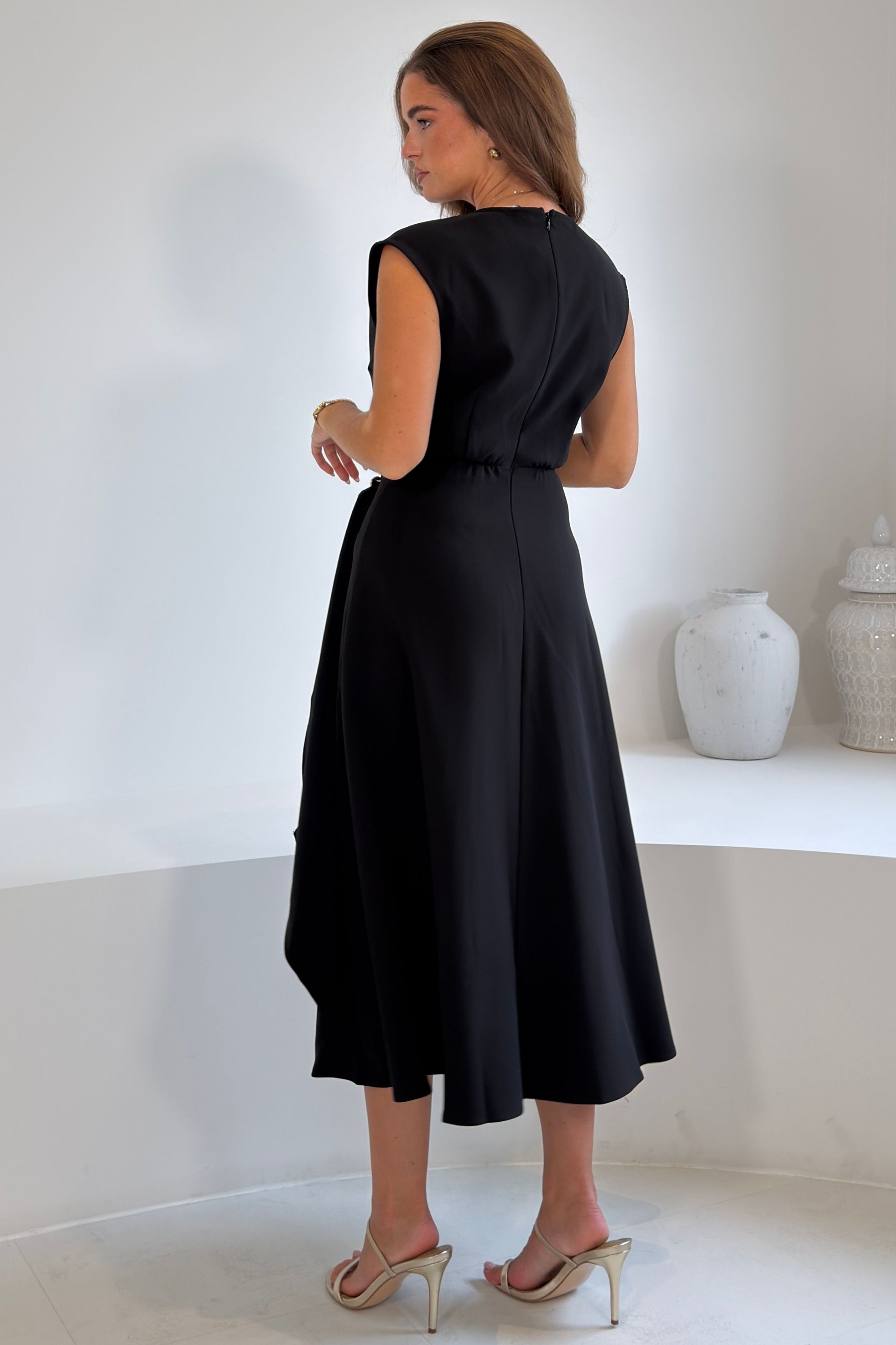 Annette Wrap Buckle Detail Midi Dress Black
