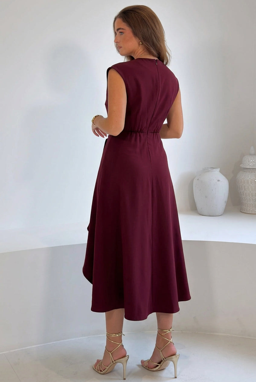 Annette Gold Buckle wrapy  Midi Dress Wine
