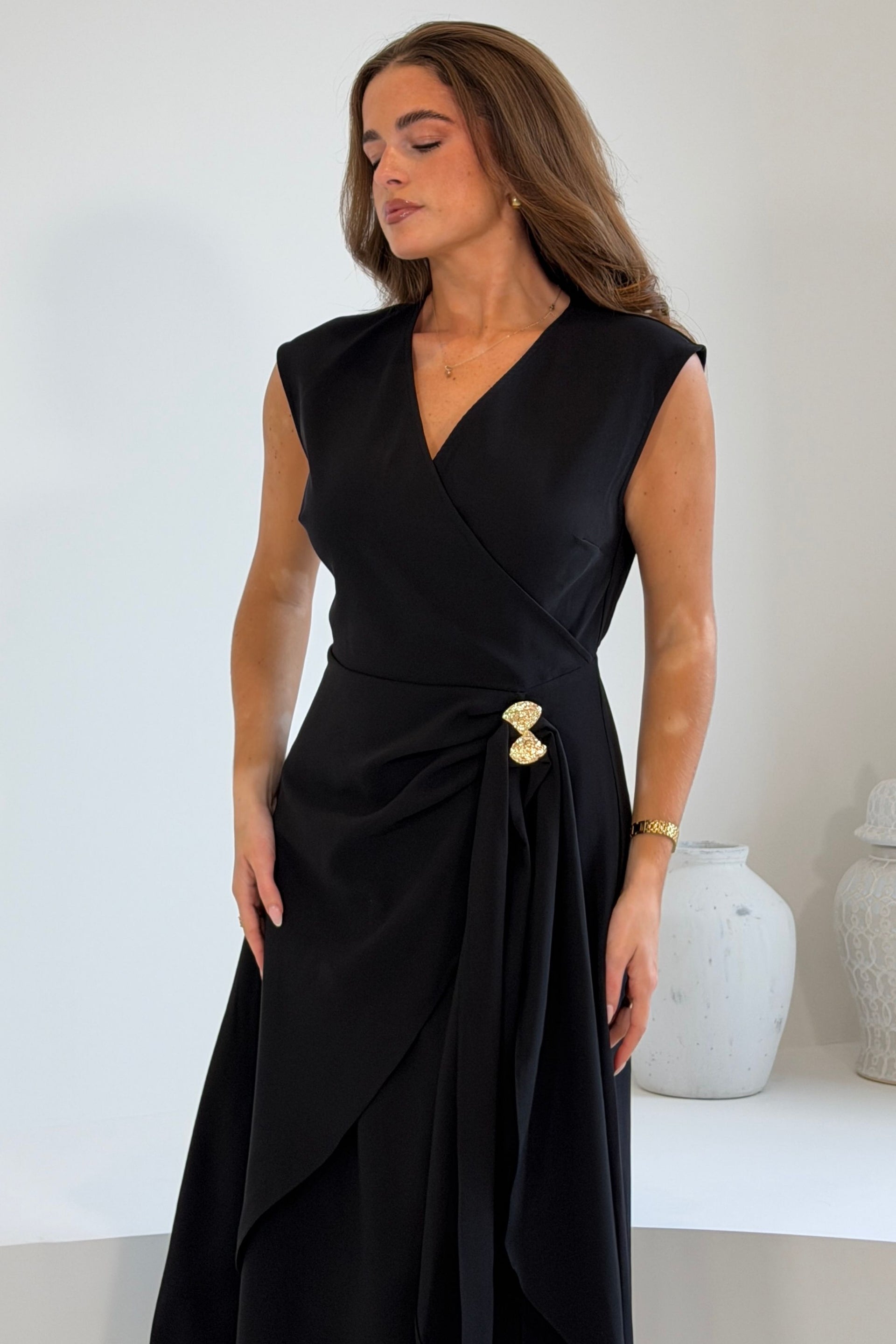 Annette Wrap Buckle Detail Midi Dress Black