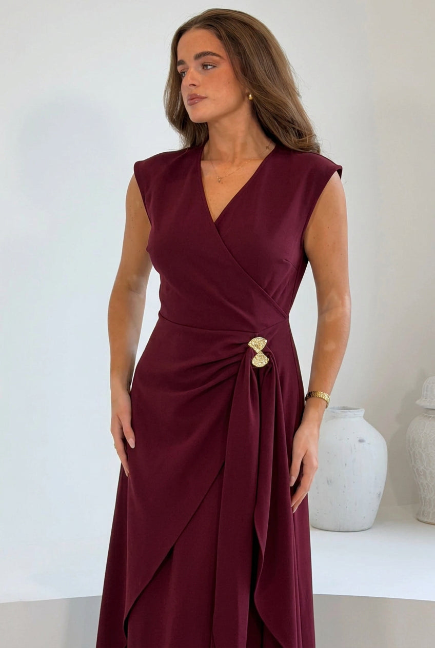 Annette Gold Buckle wrapy  Midi Dress Wine