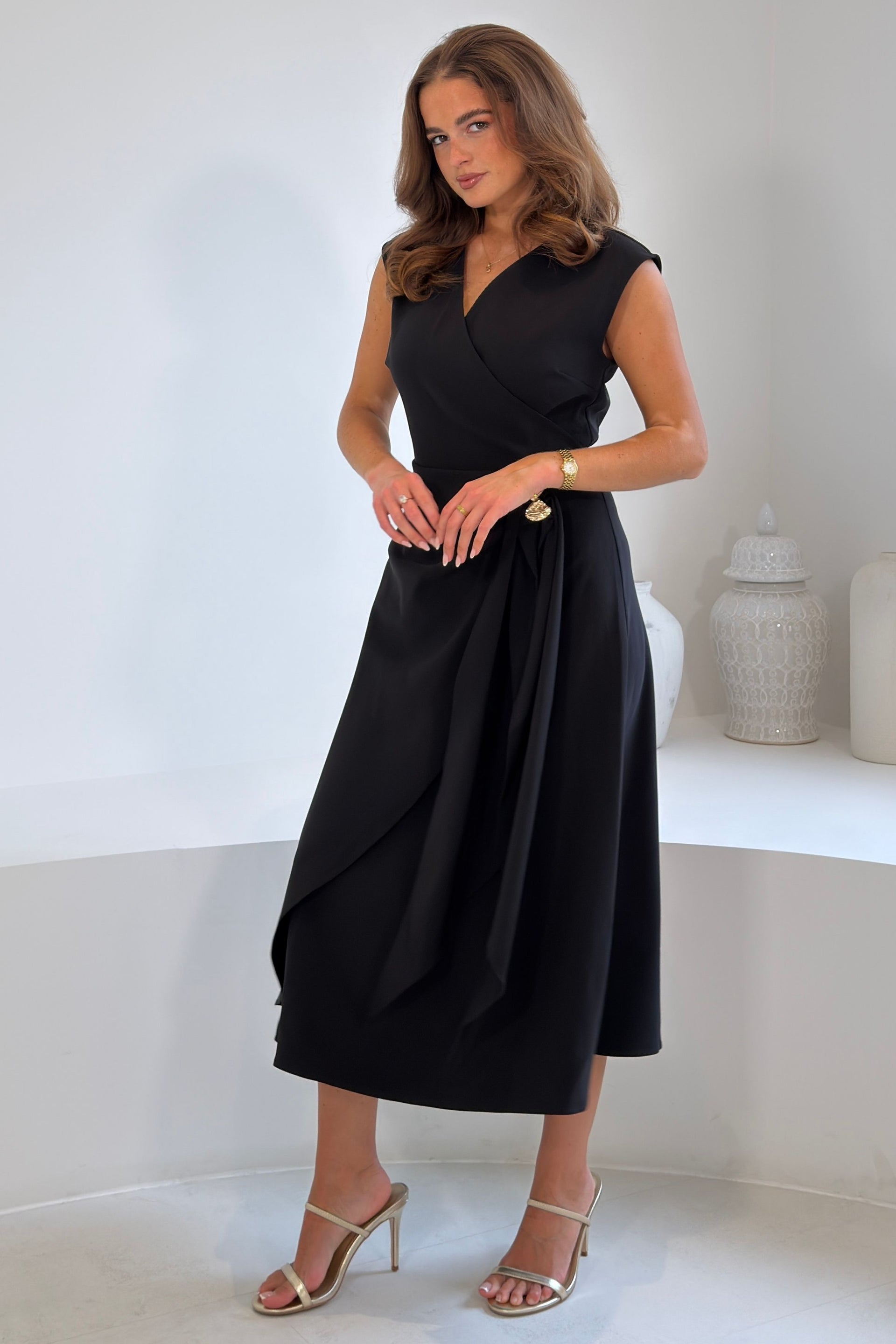 Annette Wrap Buckle Detail Midi Dress Black