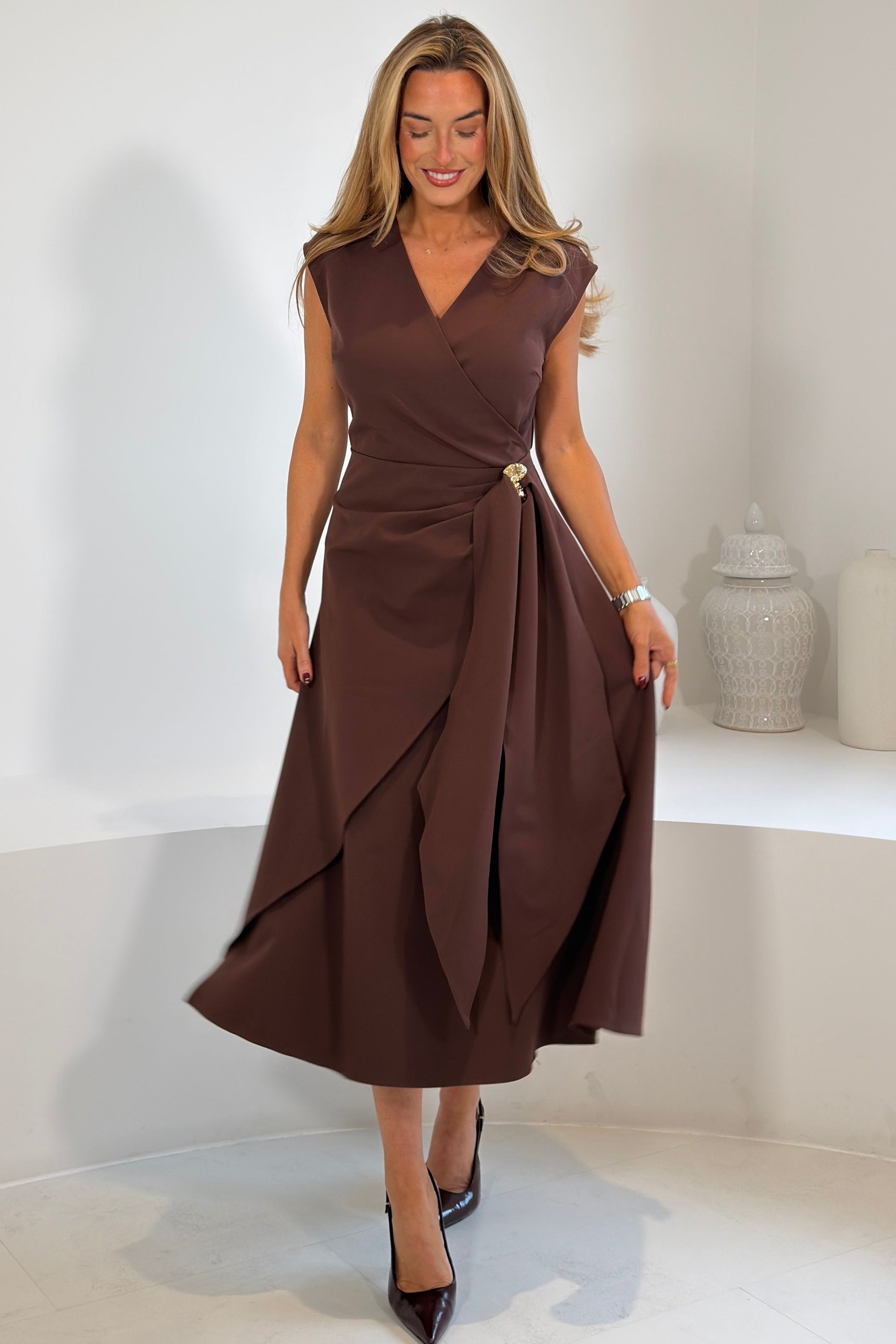 Annette Gold Buckle wrapy  Midi Dress Brown