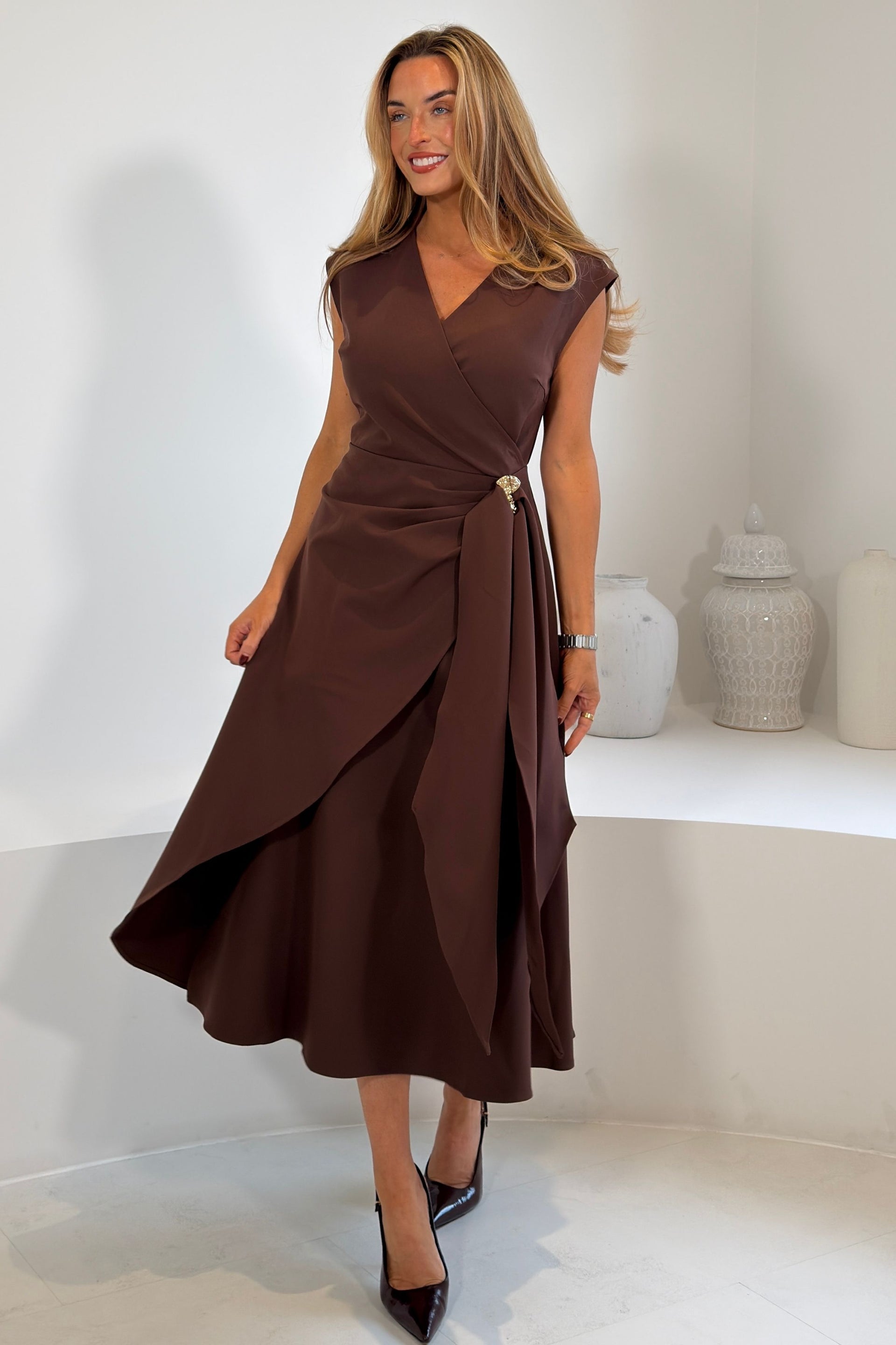 Annette Gold Buckle wrapy  Midi Dress Brown