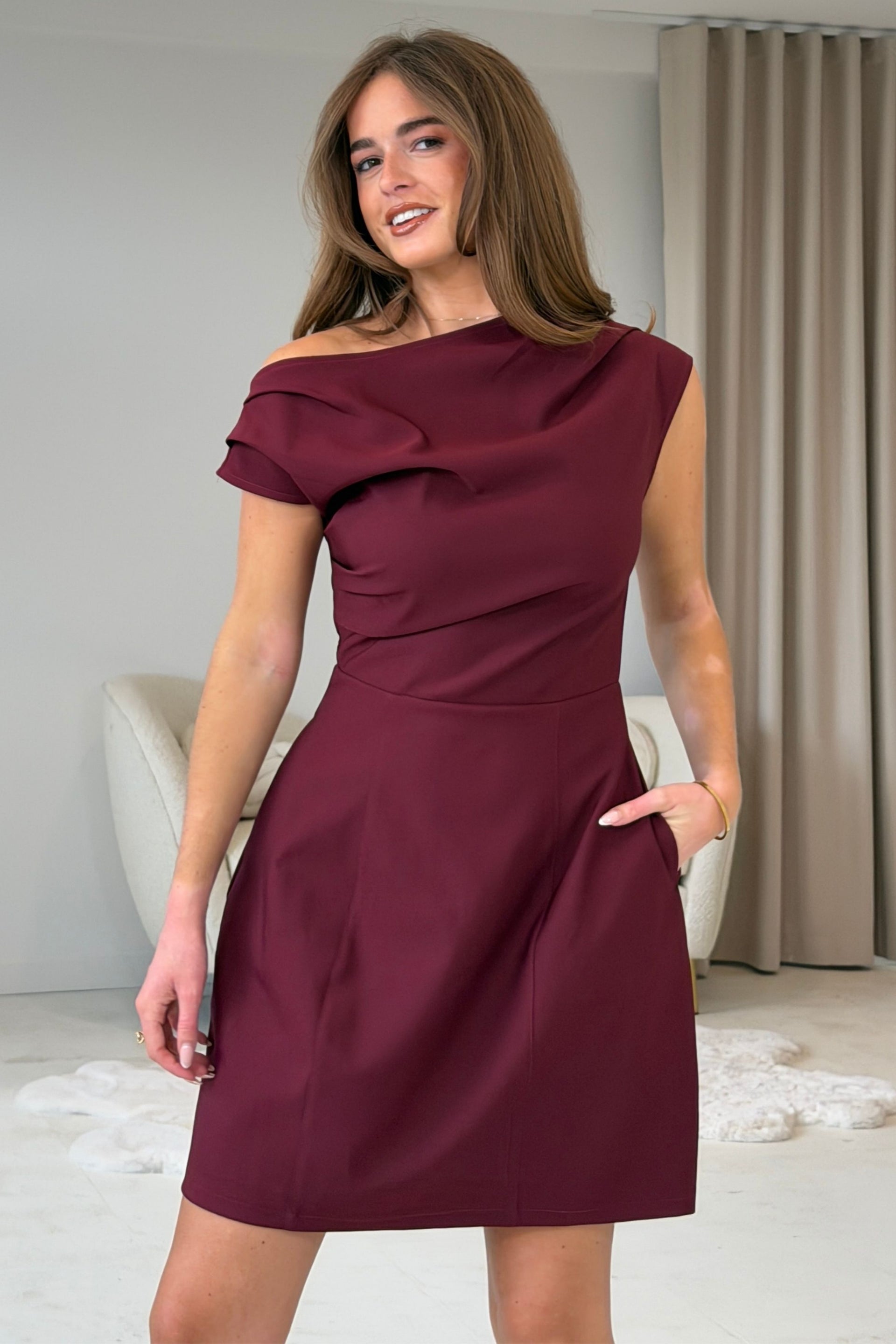 Millie Pleated Shoulder Mini Dress Burgundy