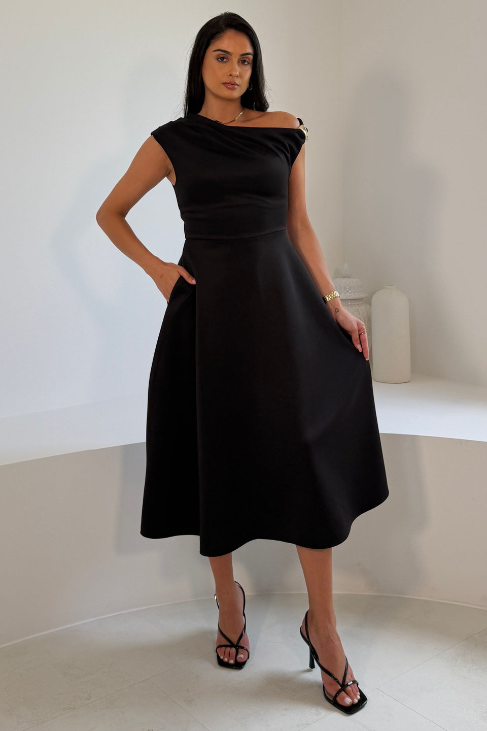 Tillie Gold Trim Asymmetric Neck Midi Dress Black
