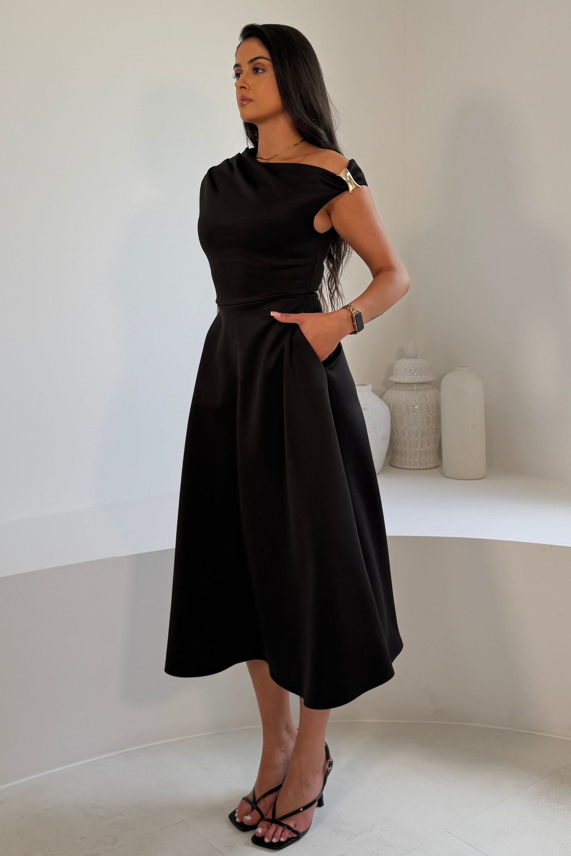 Tillie Gold Trim Asymmetric Neck Midi Dress Black