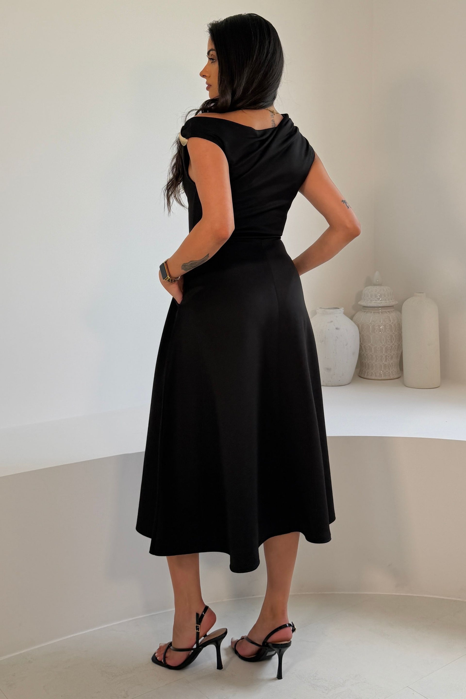 Tillie Gold Trim Asymmetric Neck Midi Dress Black