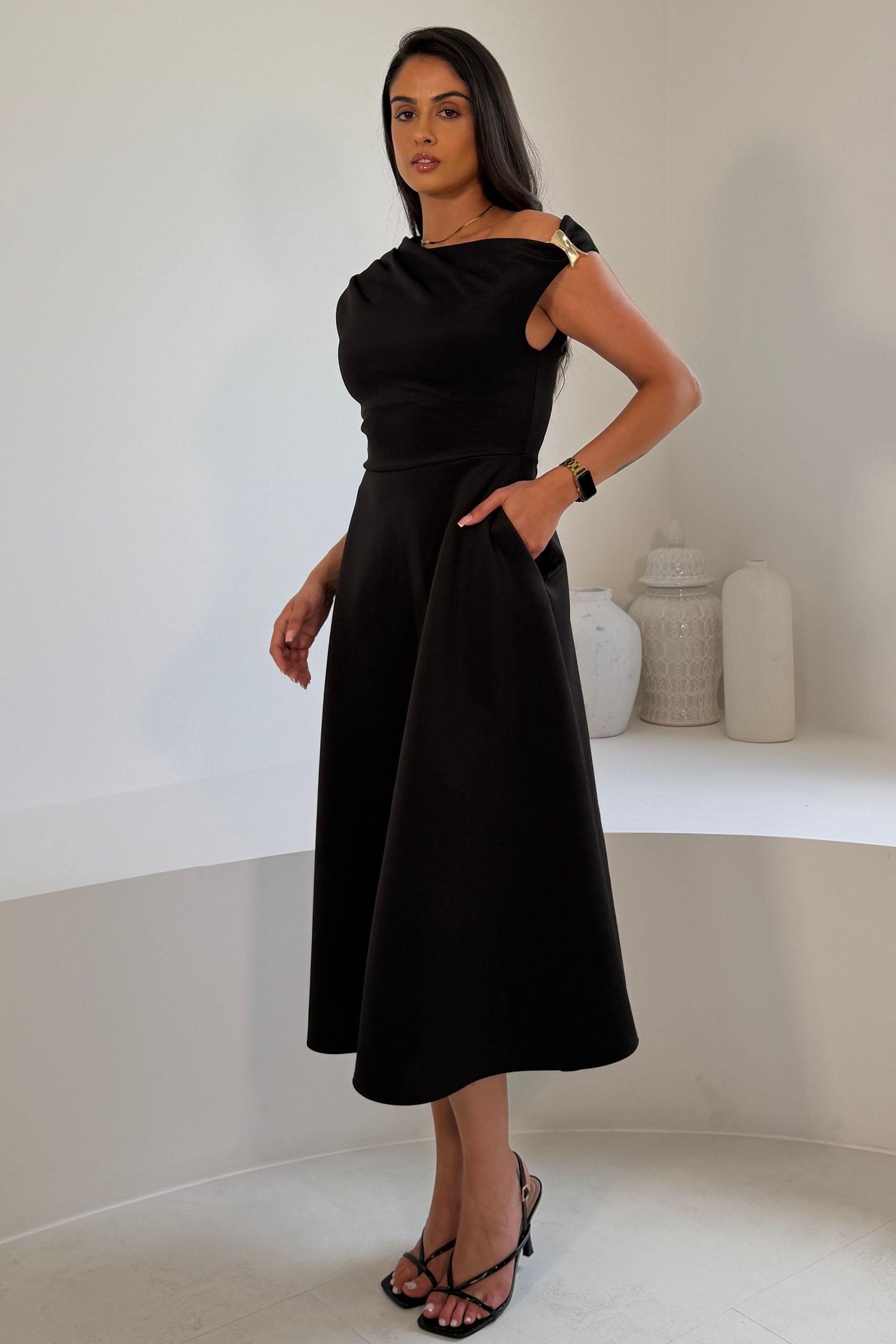 Tillie Gold Trim Asymmetric Neck Midi Dress Black