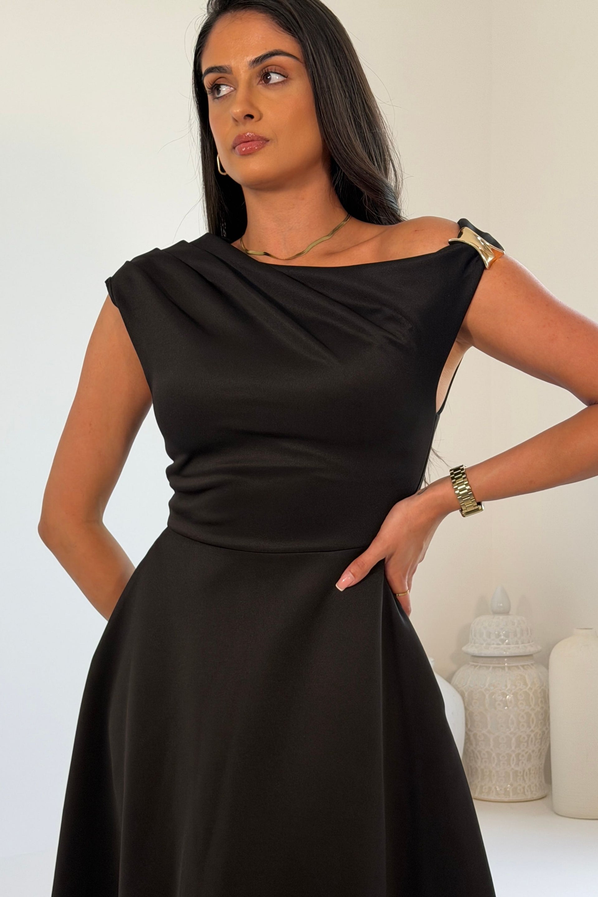 Tillie Gold Trim Asymmetric Neck Midi Dress Black