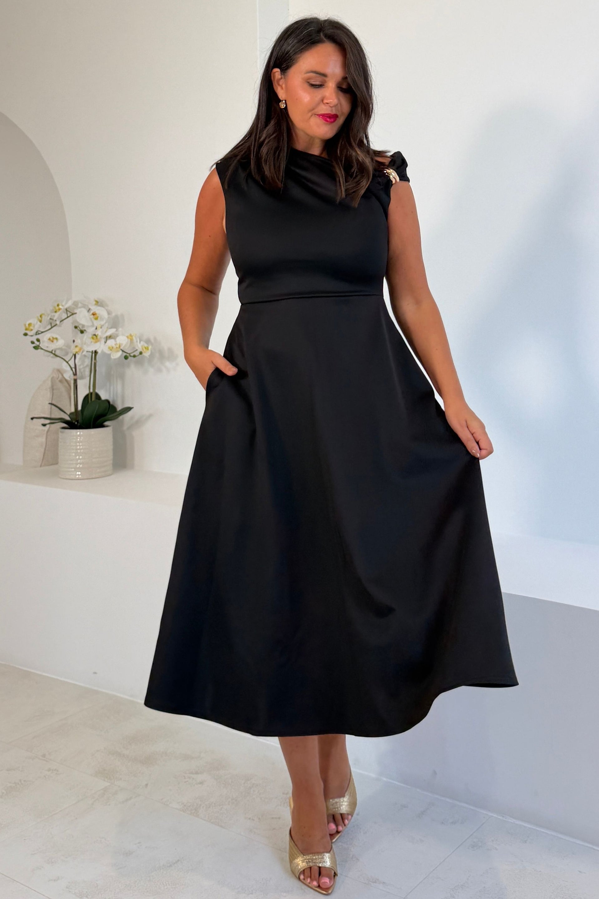 Tillie Gold Trim Asymmetric Neck Midi Dress Black