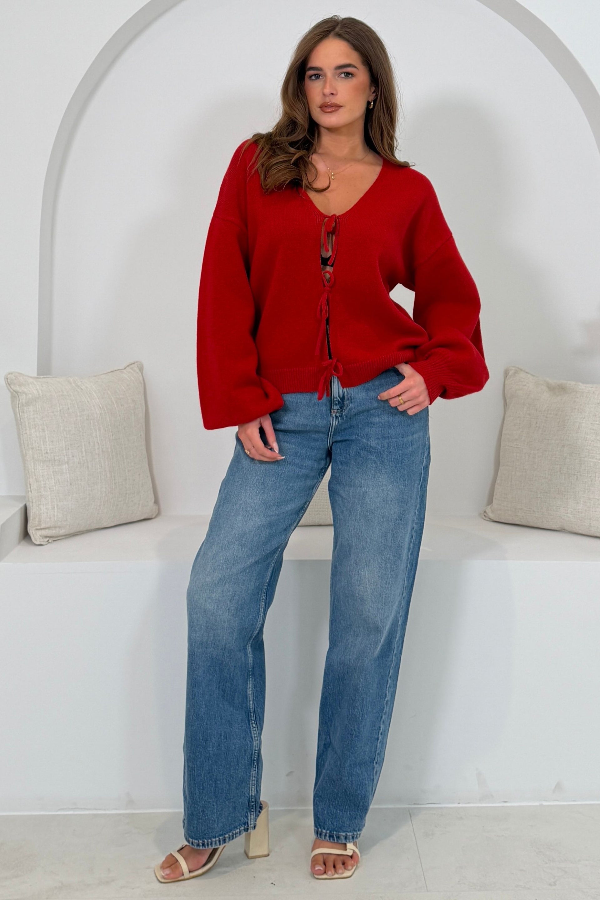 Vickie V Neck Tie Front Cardigan Red