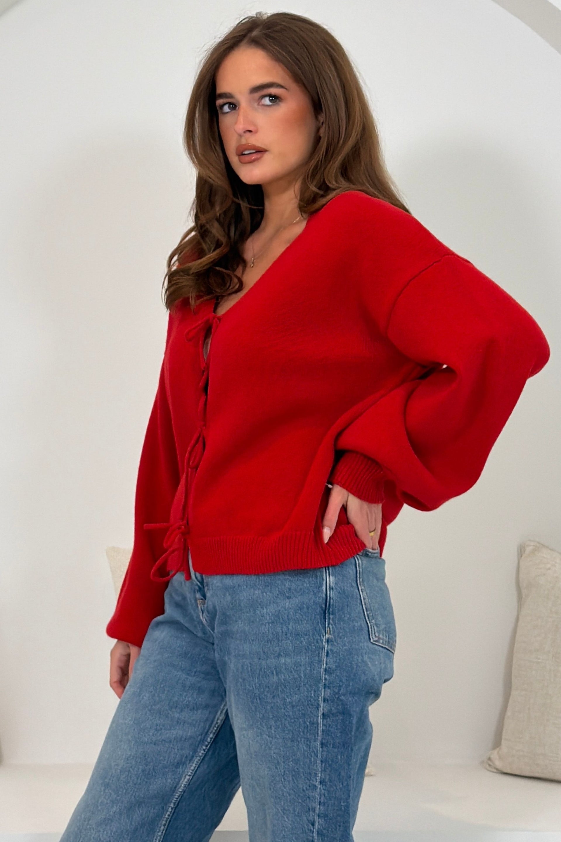 Vickie V Neck Tie Front Cardigan Red