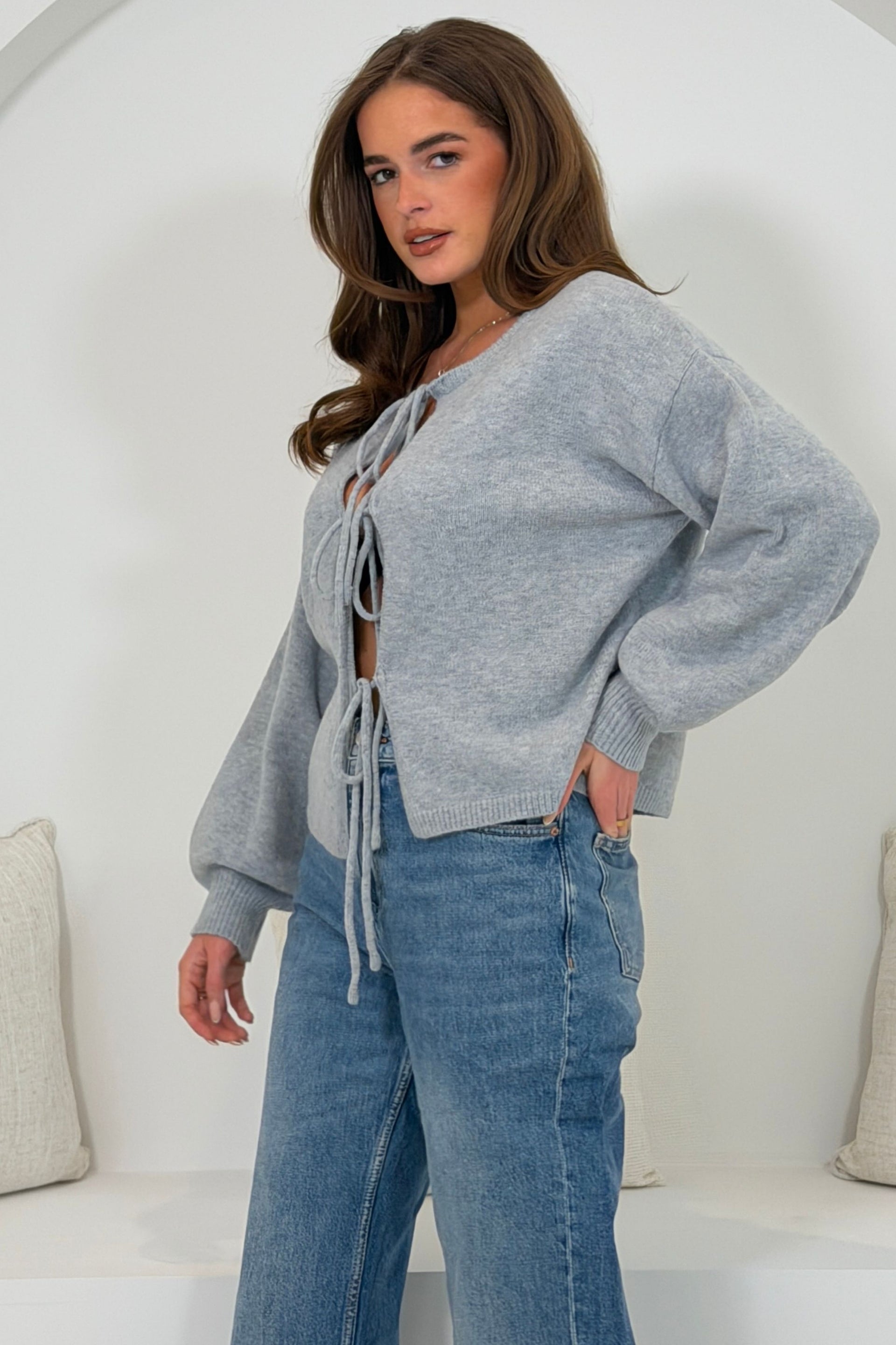 Savina Balloon Sleeve Tie Front Cardigan Grey
