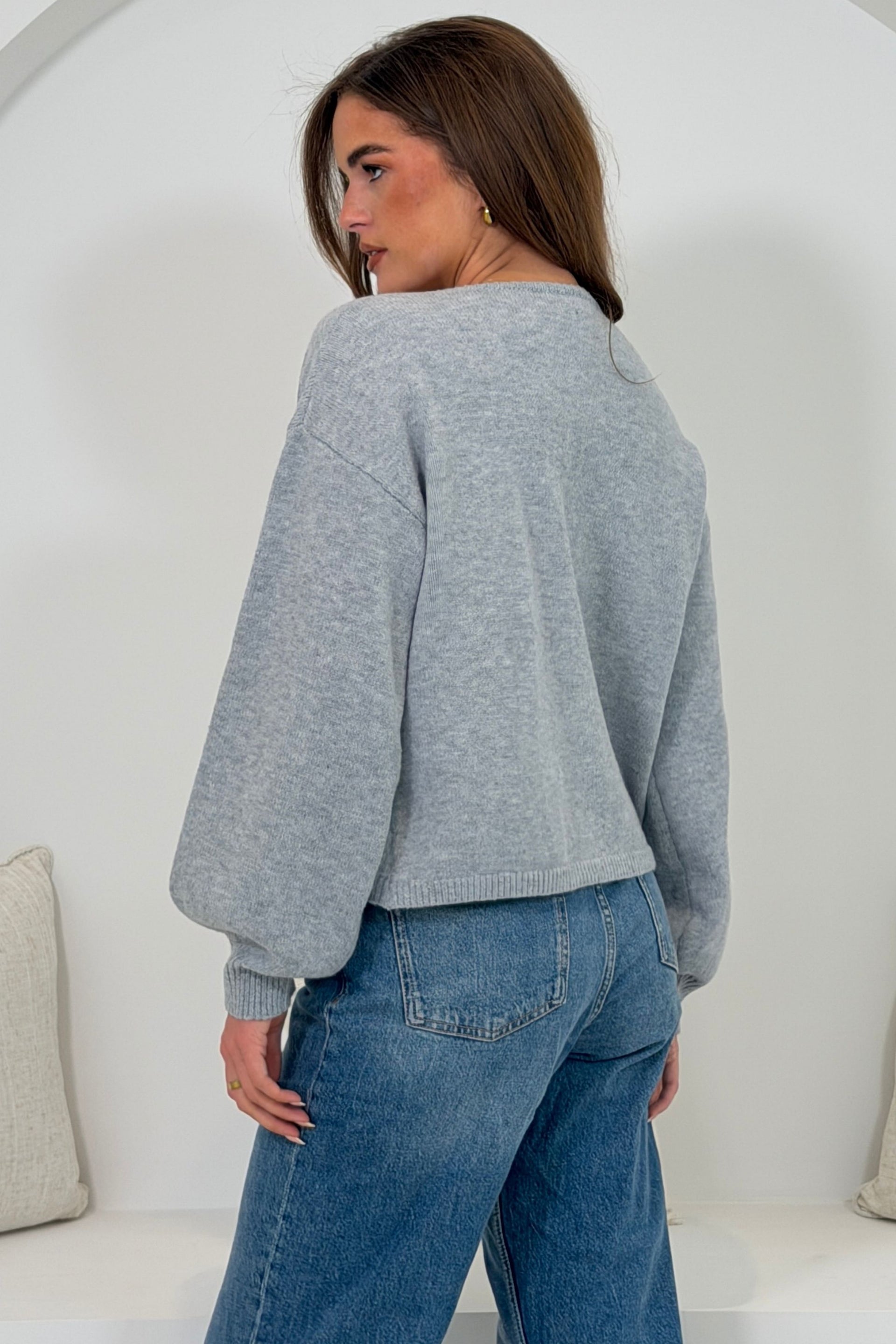 Savina Balloon Sleeve Tie Front Cardigan Grey