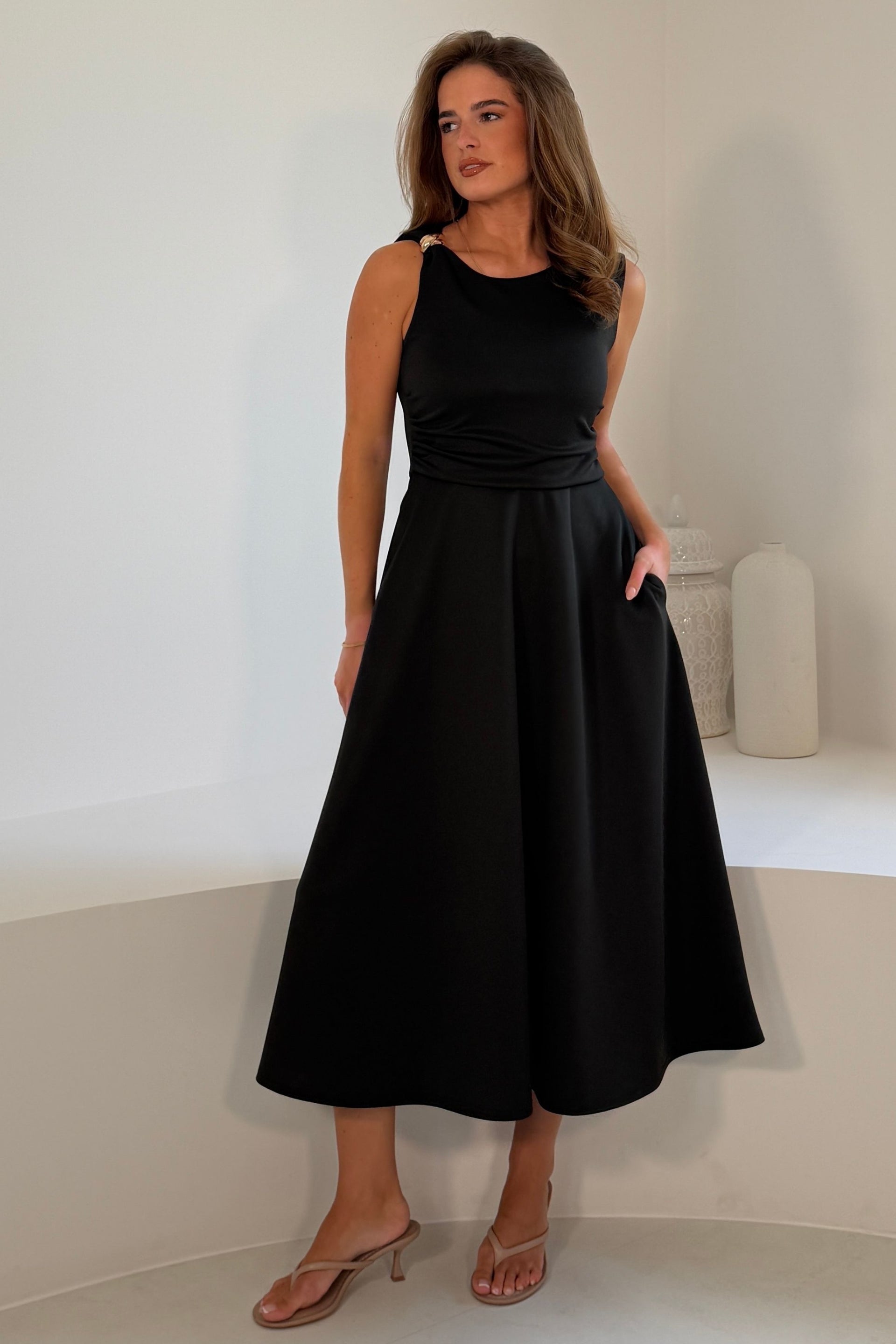 Annalise Gold Trim Midi Dress Black