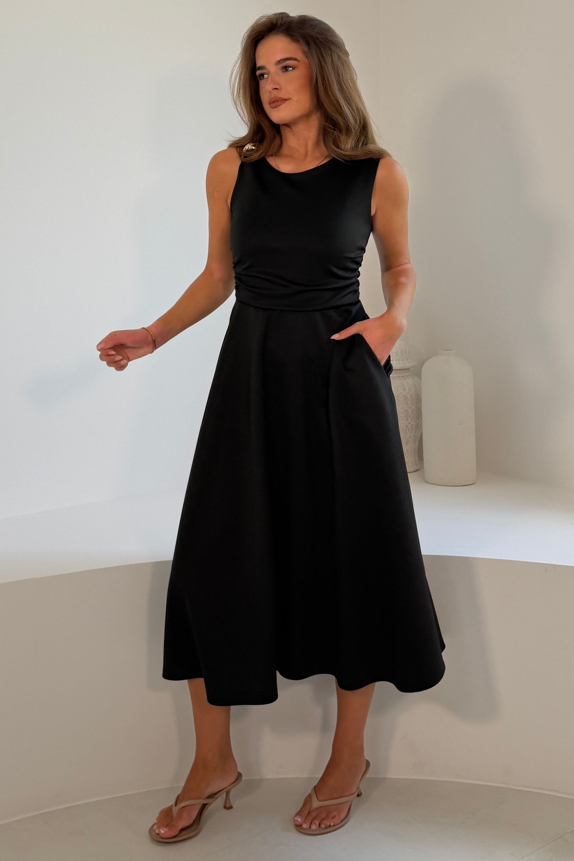 Annalise Gold Trim Midi Dress Black