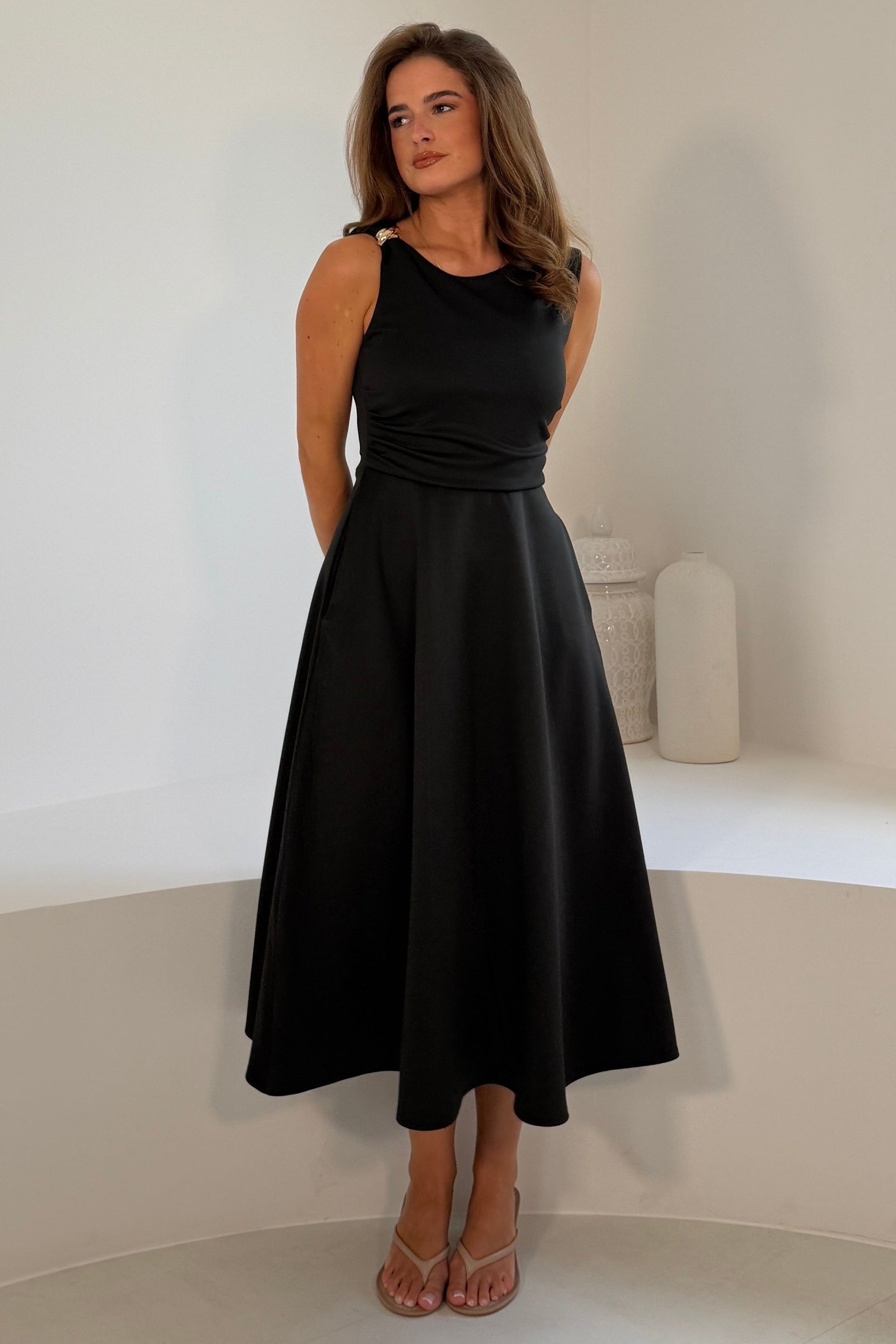 Annalise Gold Trim Midi Dress Black