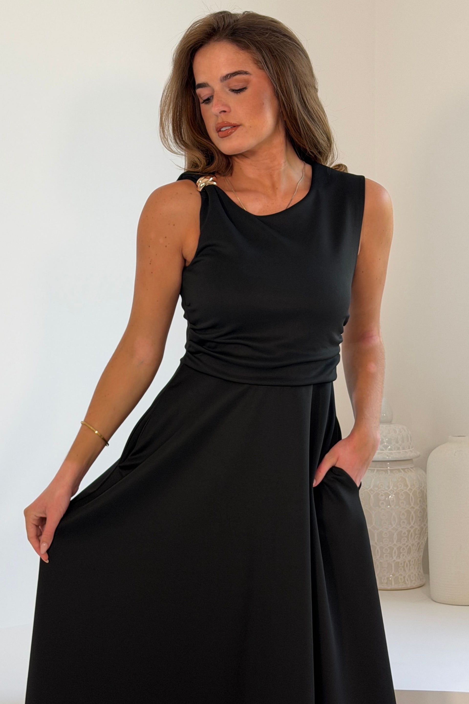 Annalise Gold Trim Midi Dress Black