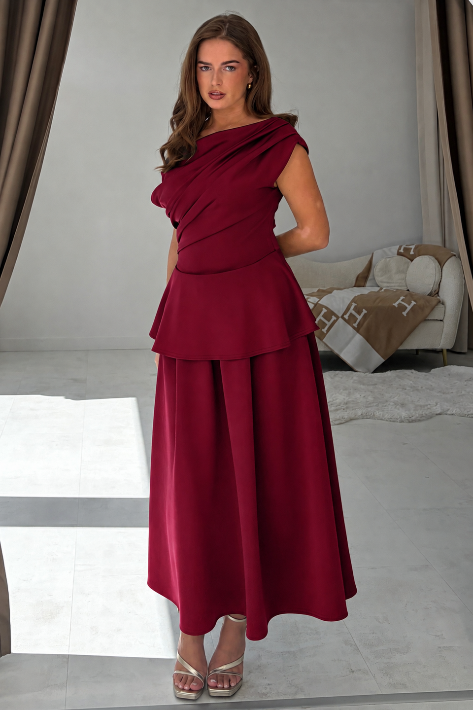 Connie Peplum Midi Dress Burgundy