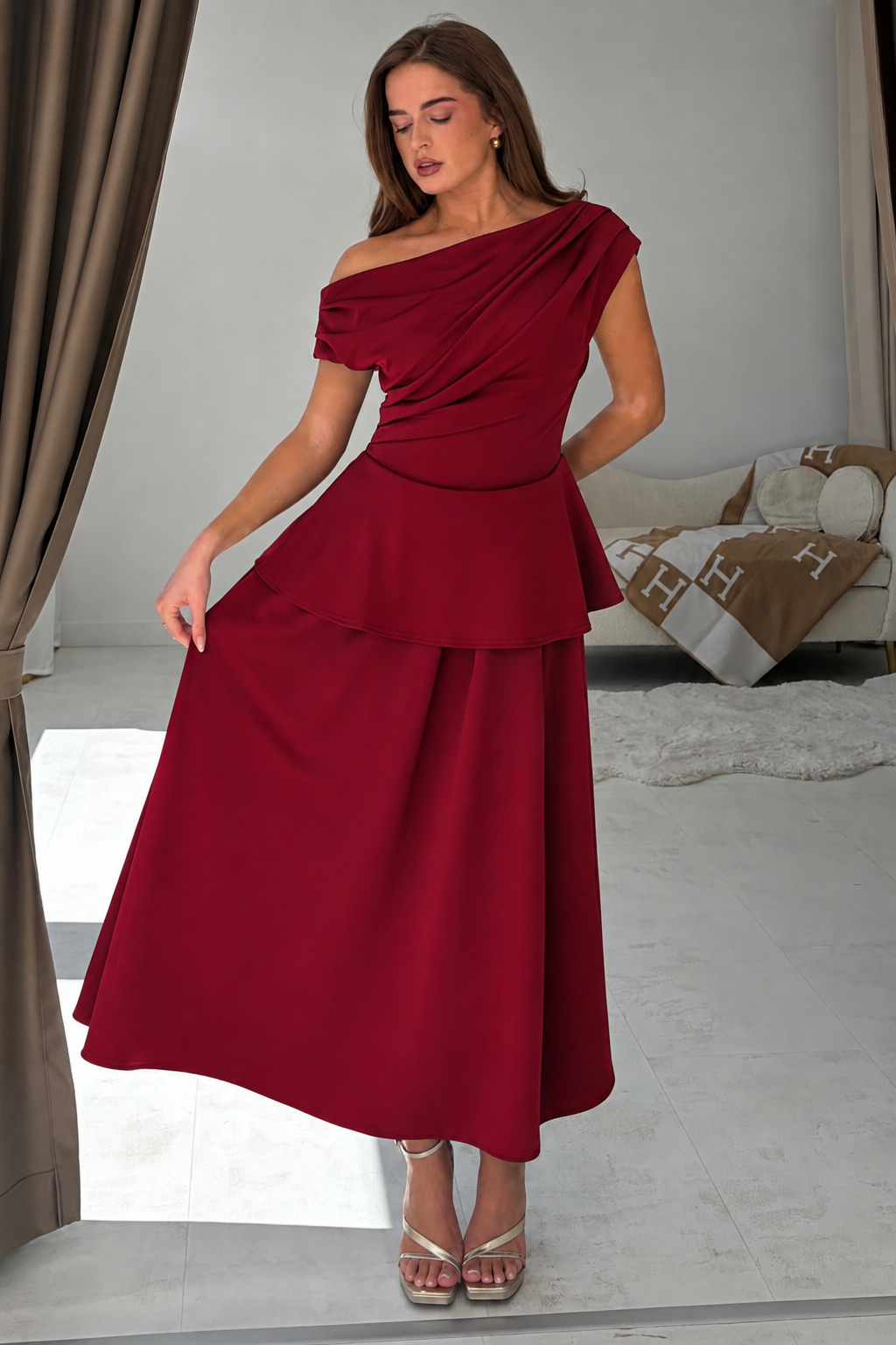 Connie Peplum Midi Dress Burgundy – Girl In Mind