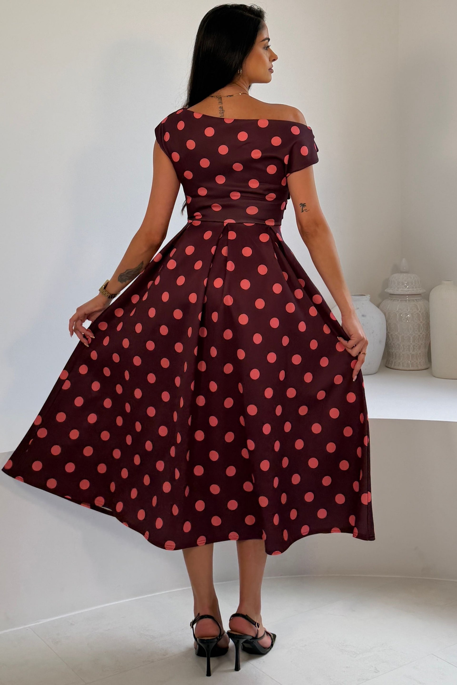 Betty Asymmetric Neckline Skater Midi Pink Polka