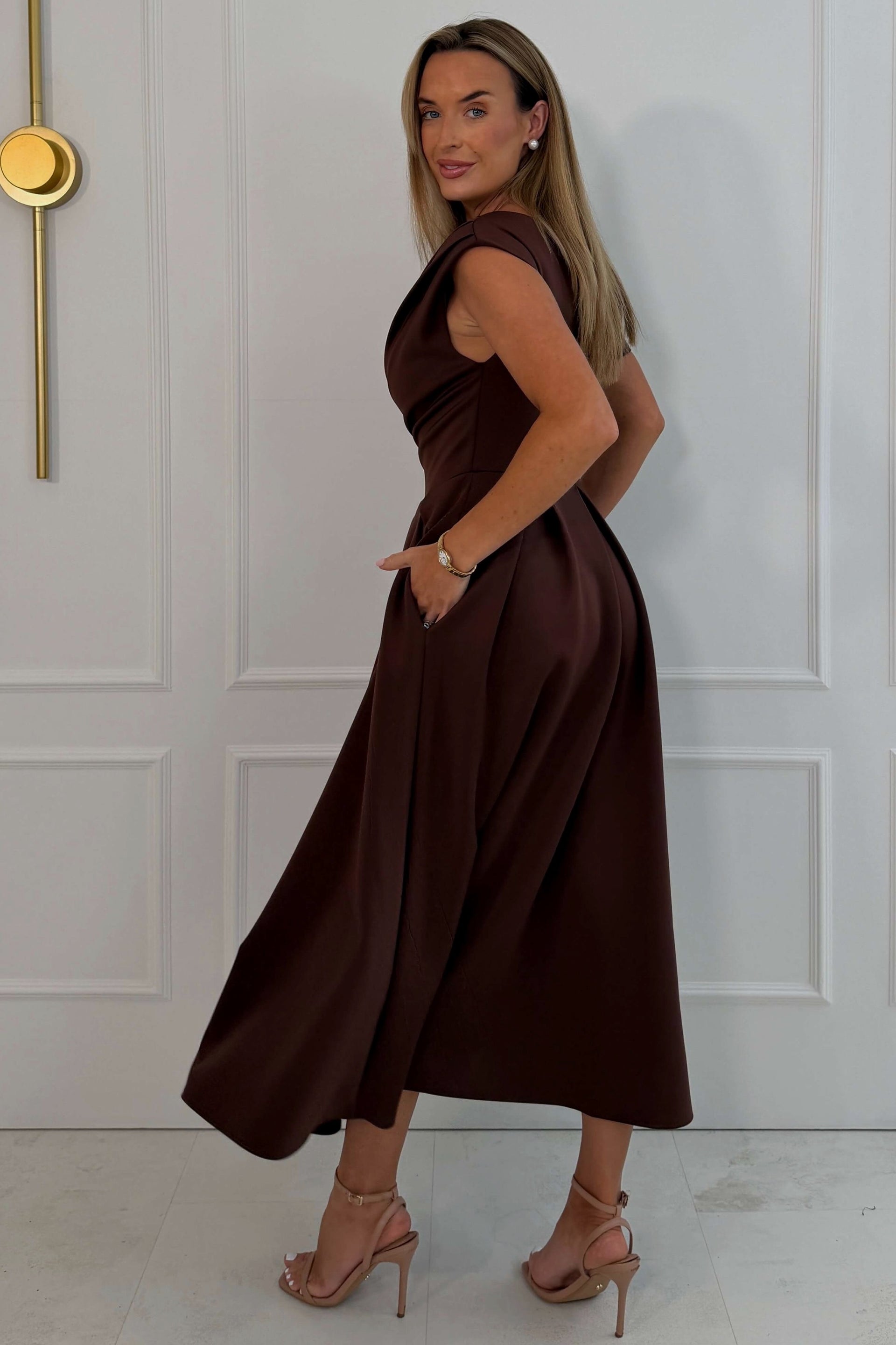 Betty Asymmetric Neckline Skater Dark Brown