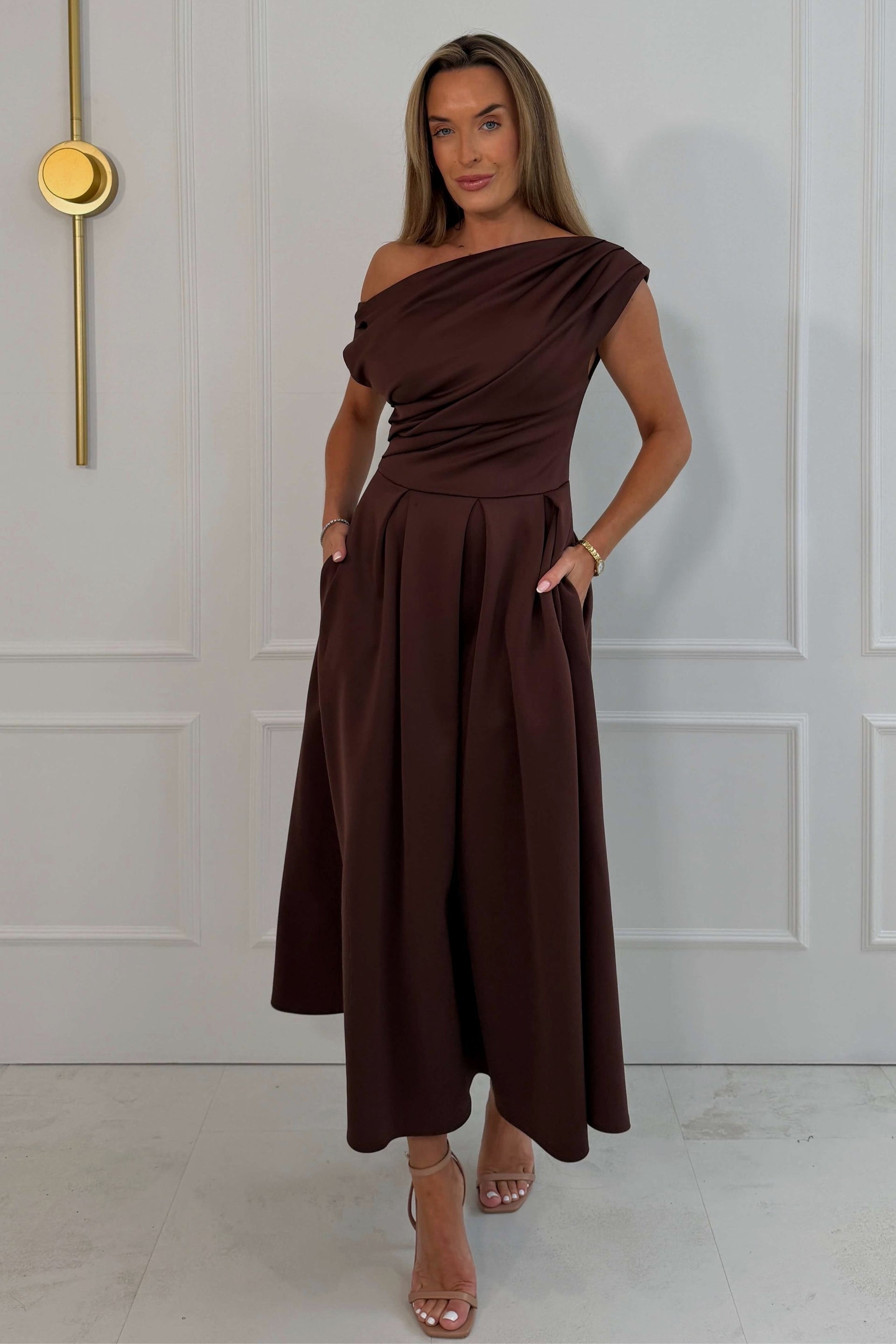 Betty Asymmetric Neckline Skater Dark Brown