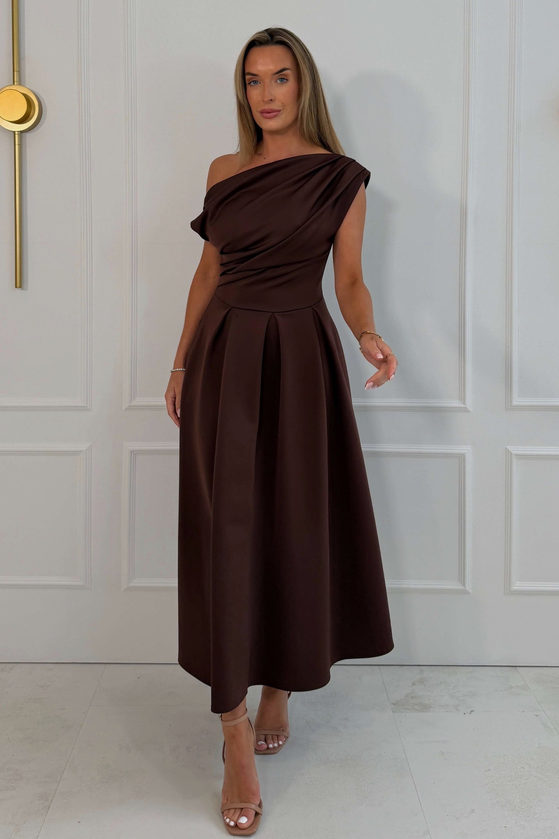Betty Asymmetric Neckline Skater Dark Brown