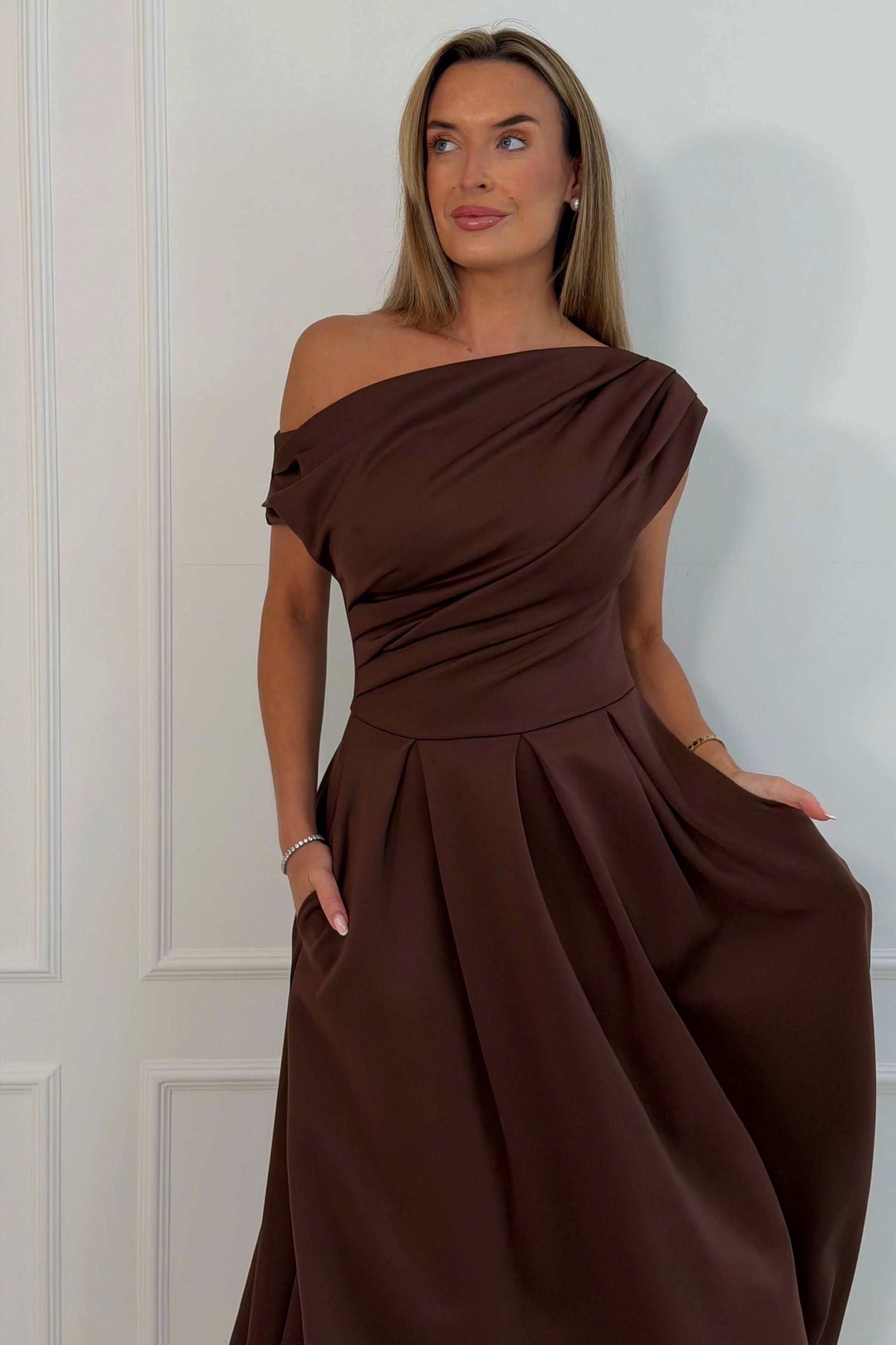 Betty Asymmetric Neckline Skater Dark Brown