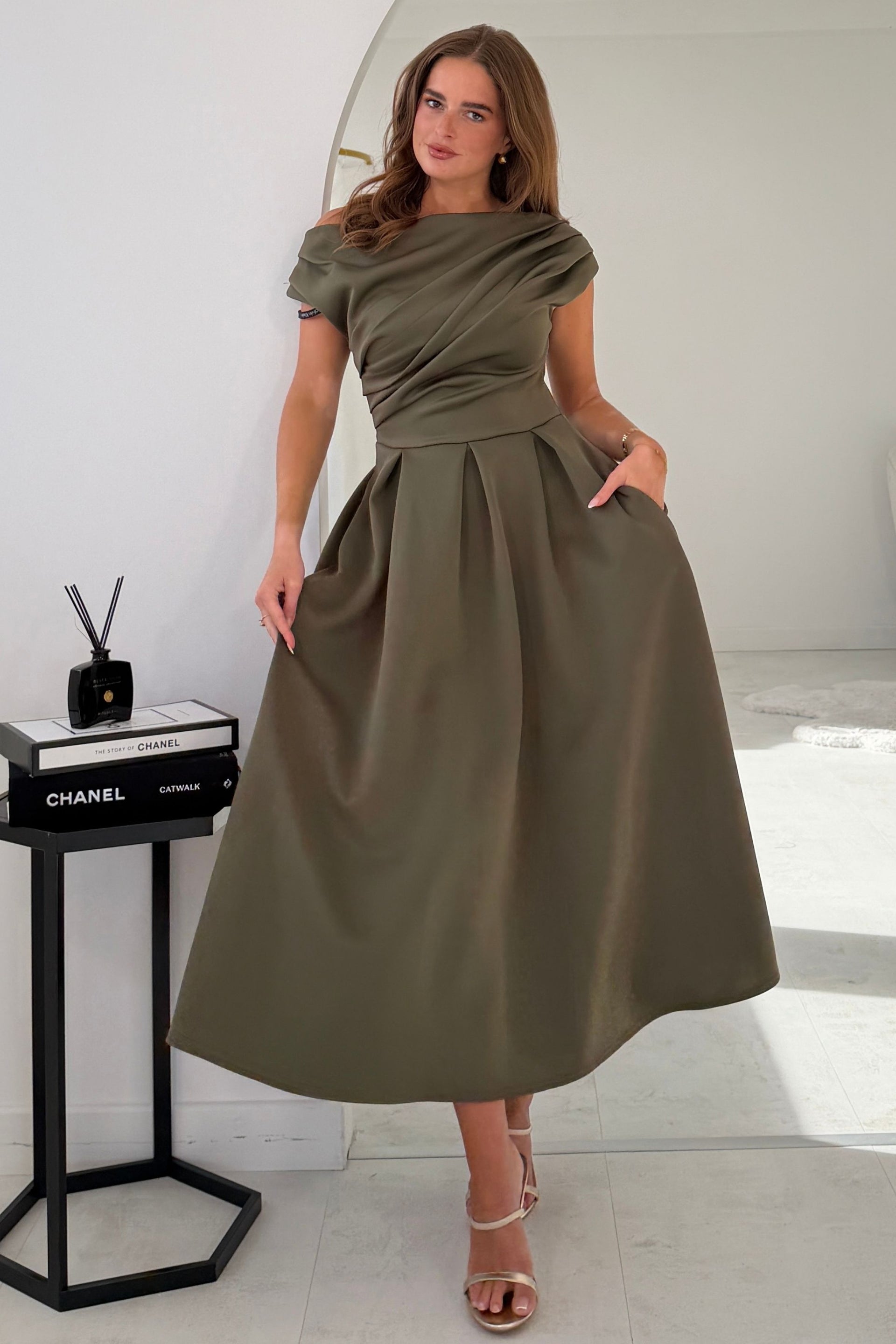 Betty Asymmetric Neckline Skater Khaki