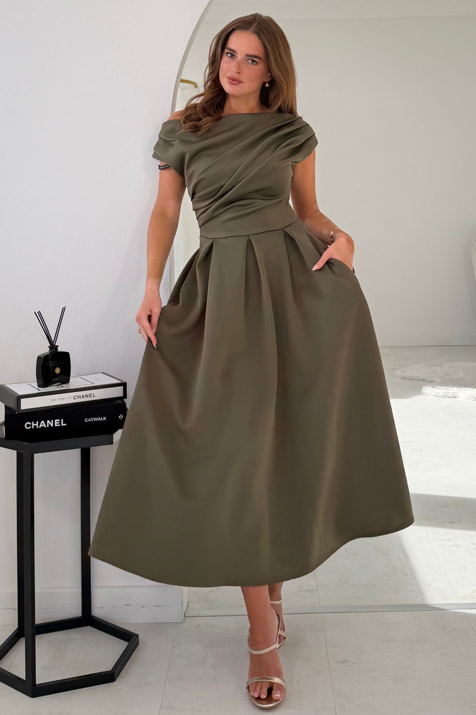 Betty Asymmetric Neckline Skater Khaki