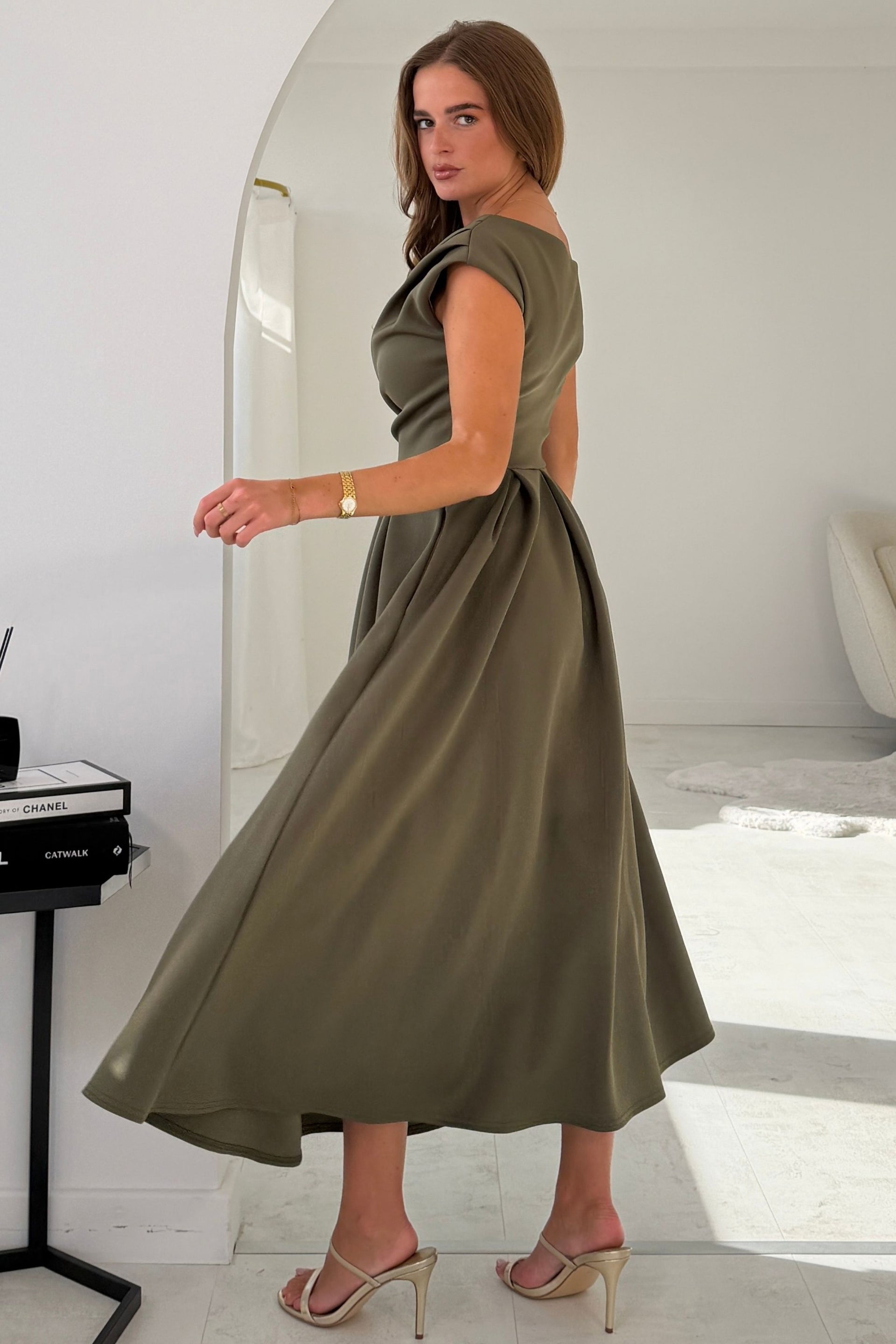 Betty Asymmetric Neckline Skater Khaki