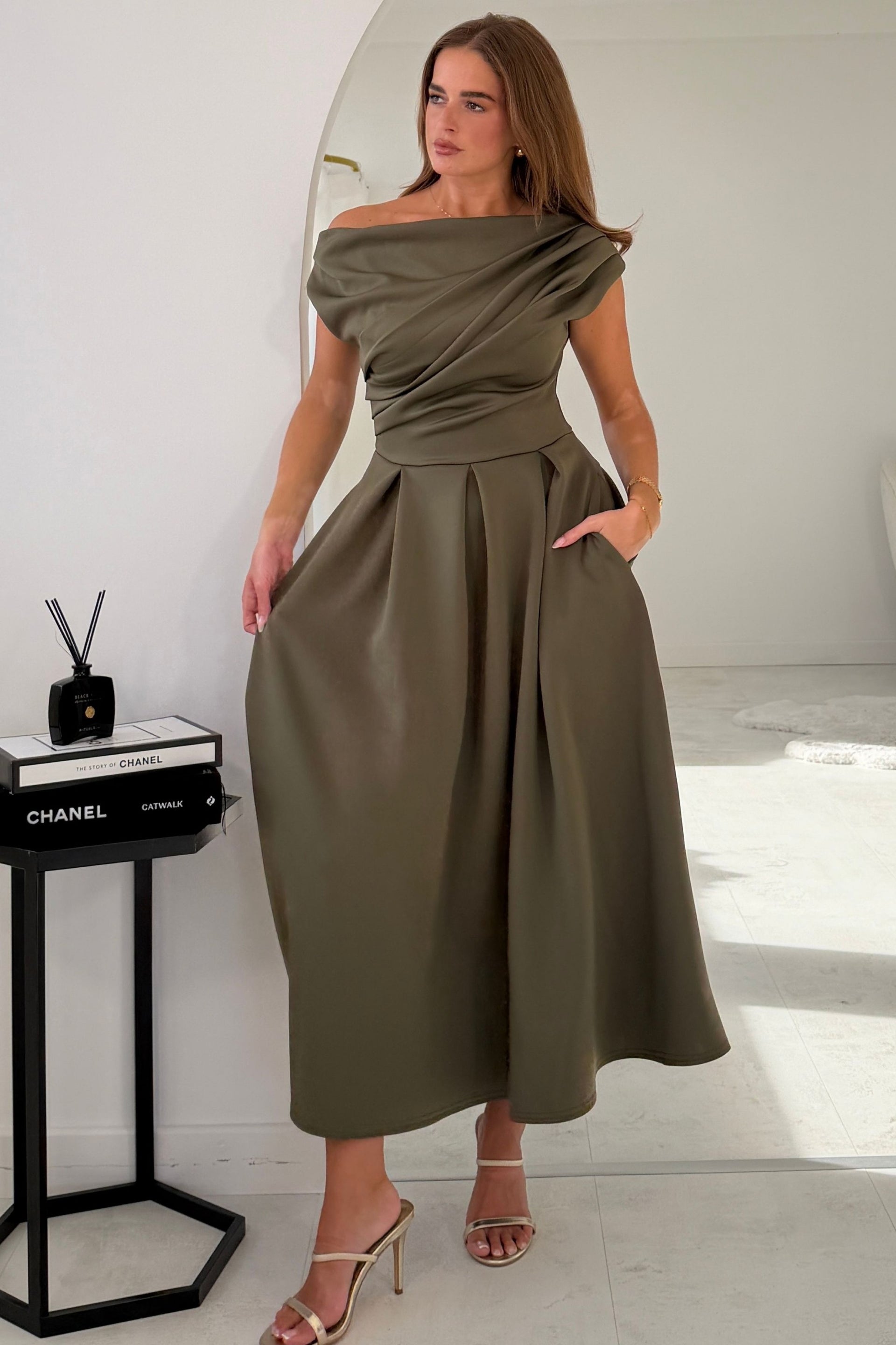 Betty Asymmetric Neckline Skater Khaki