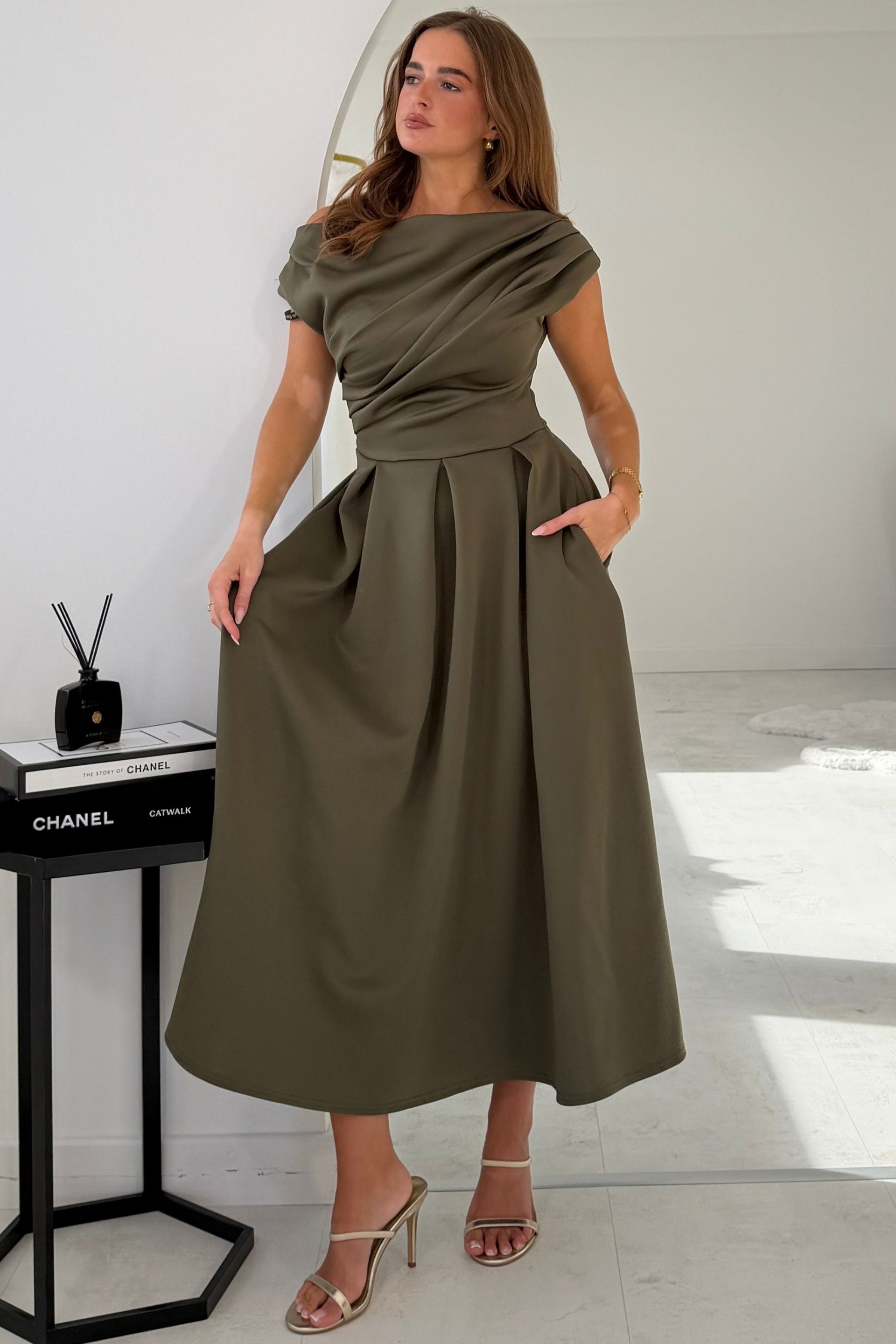 Betty Asymmetric Neckline Skater Khaki
