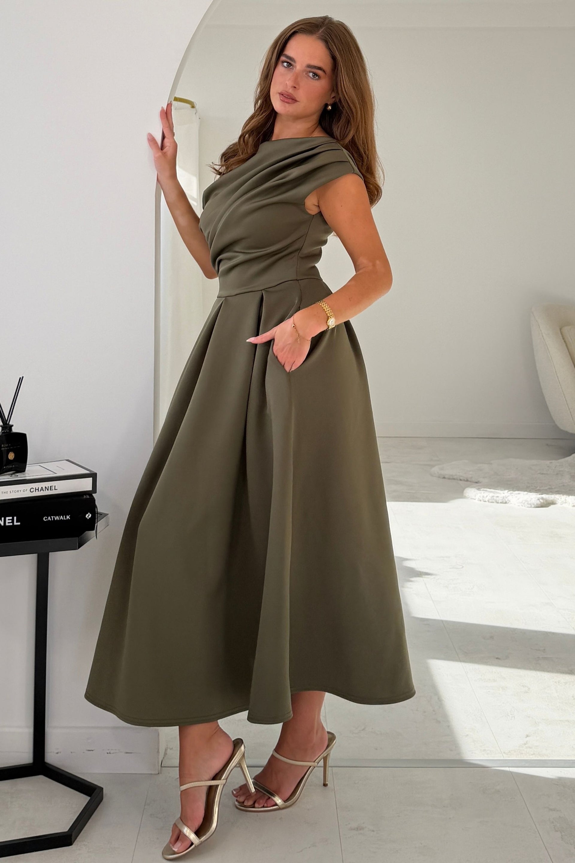 Betty Asymmetric Neckline Skater Khaki