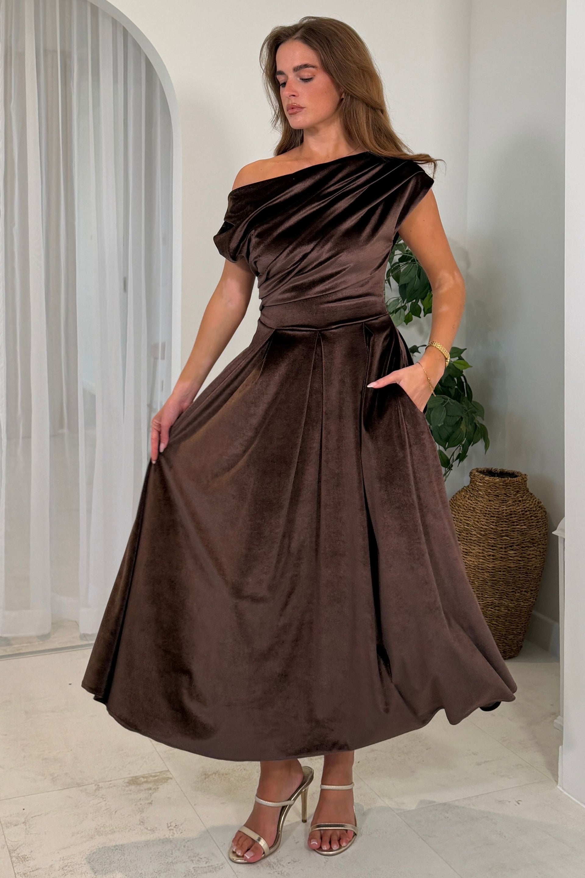 Betty Asymmetric Neckline Skater Brown Velvet