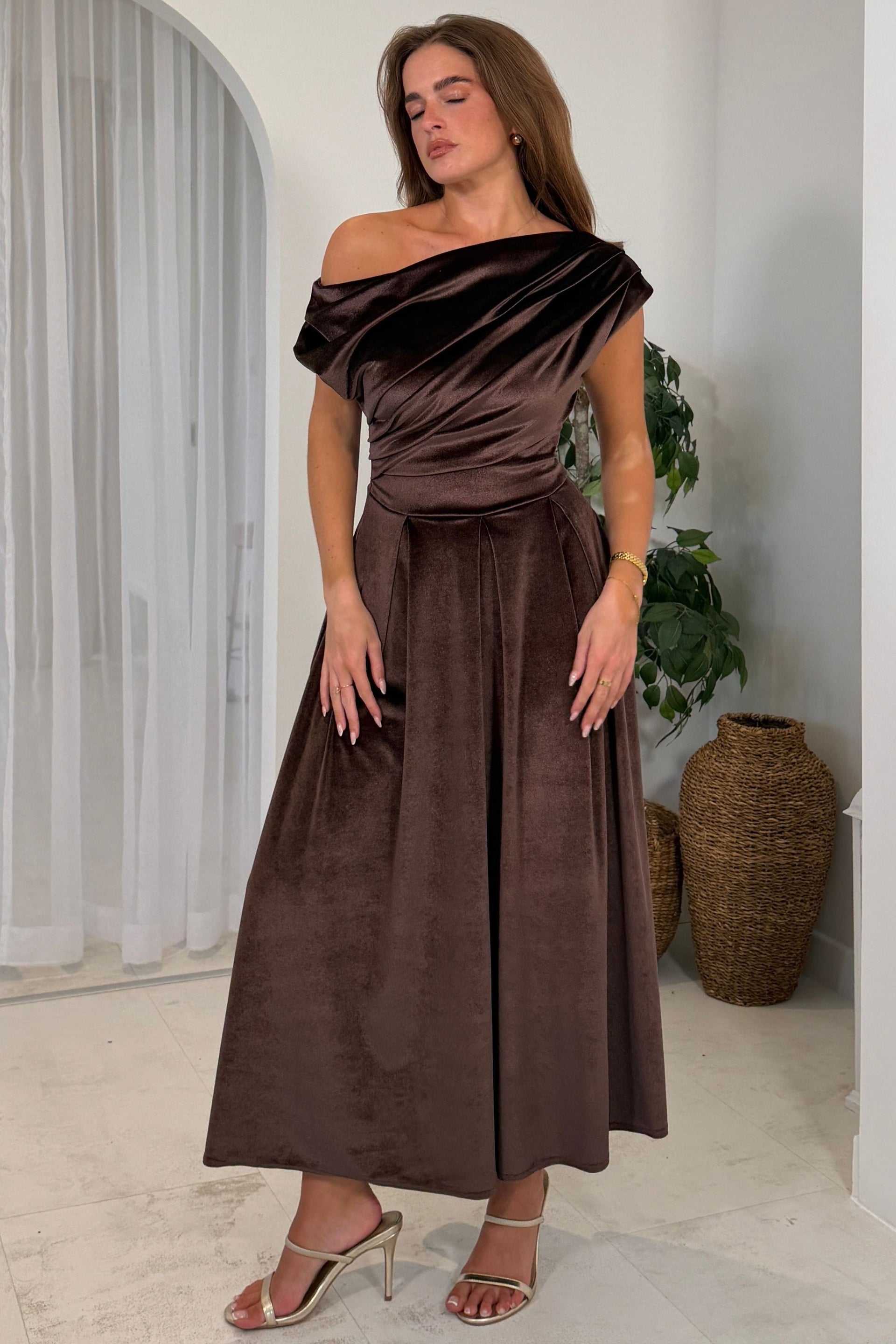 Betty Asymmetric Neckline Skater Brown Velvet