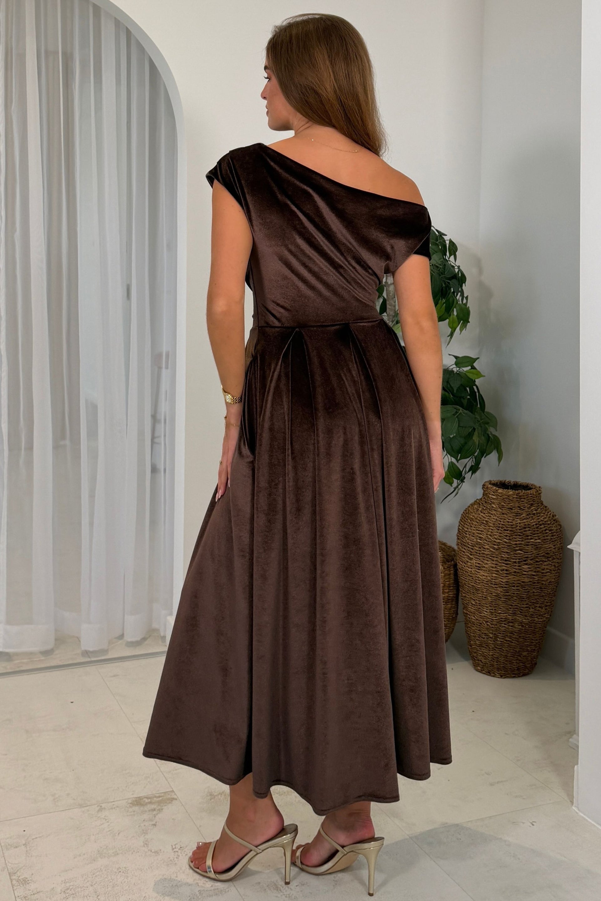 Betty Asymmetric Neckline Skater Brown Velvet