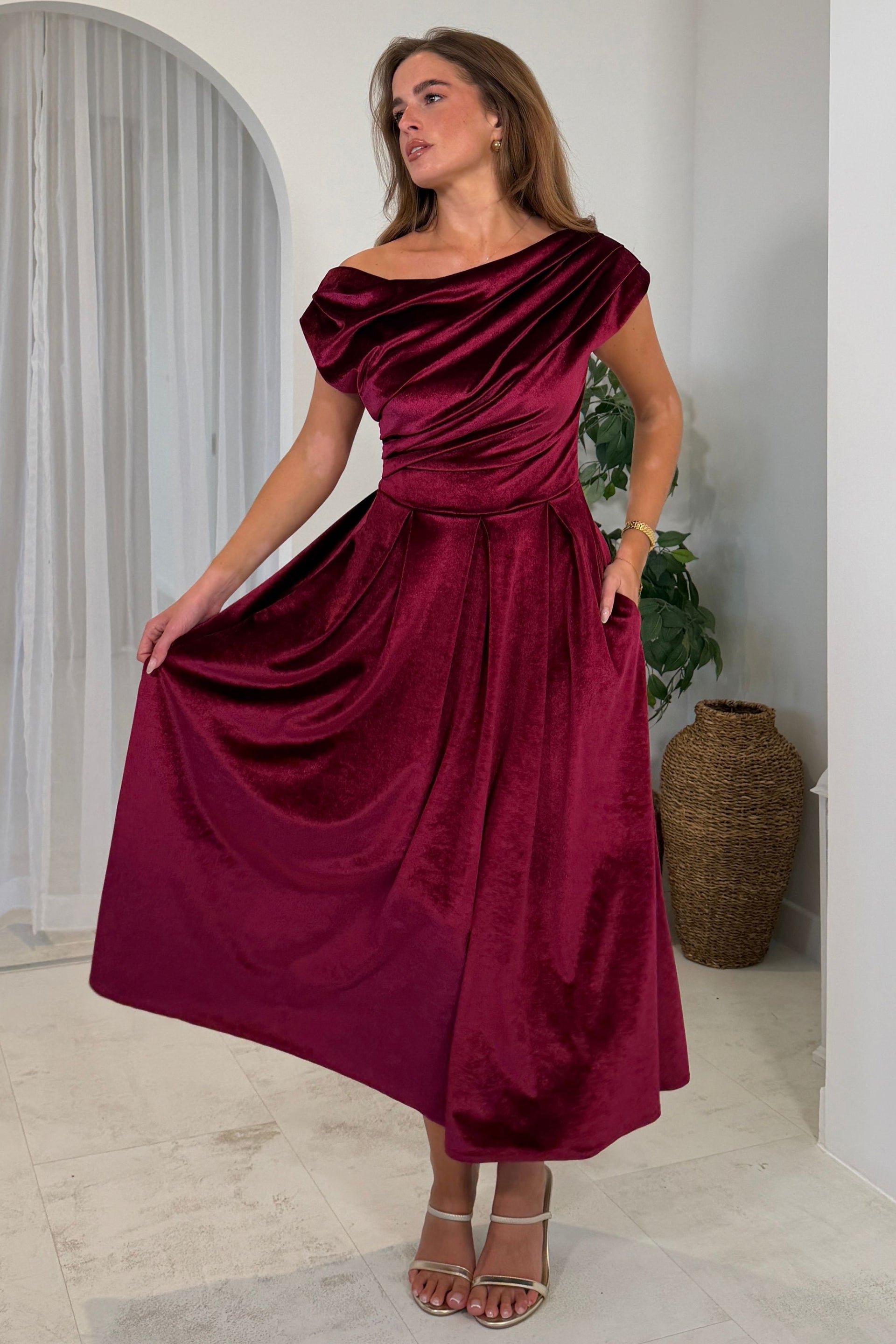 Betty Asymmetric Neckline Skater Berry Velvet