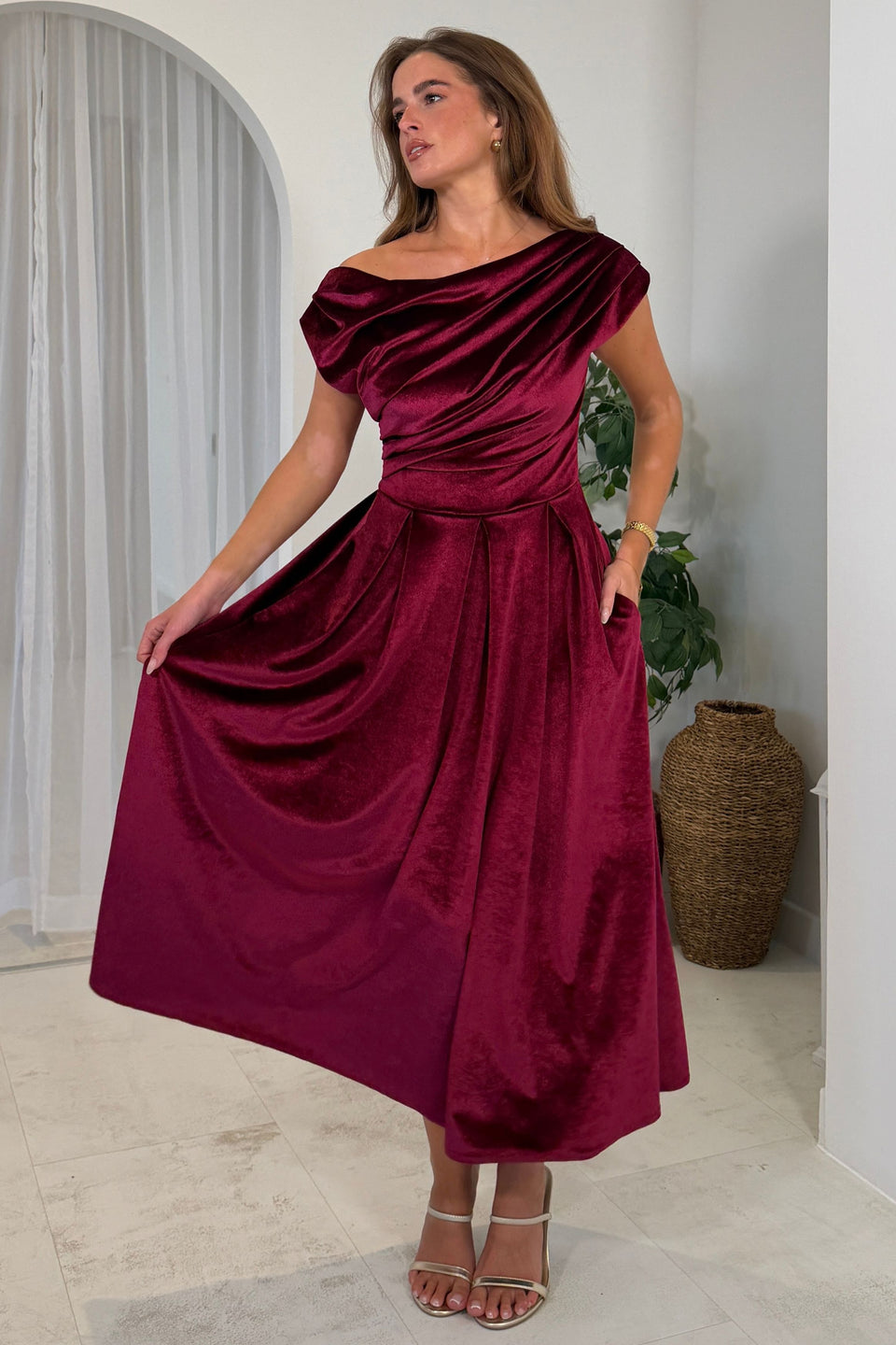 Betty Asymmetric Neckline Skater Berry Velvet