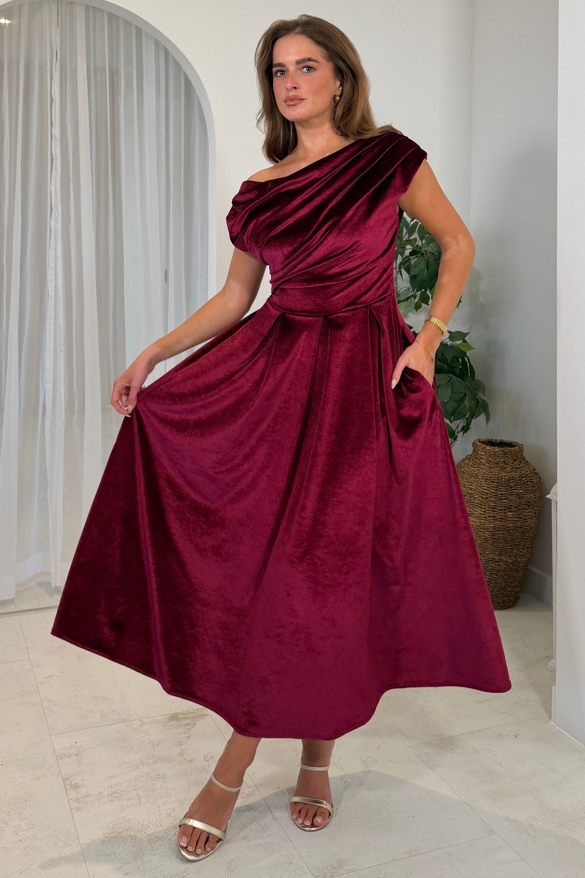 Betty Asymmetric Neckline Skater Berry Velvet