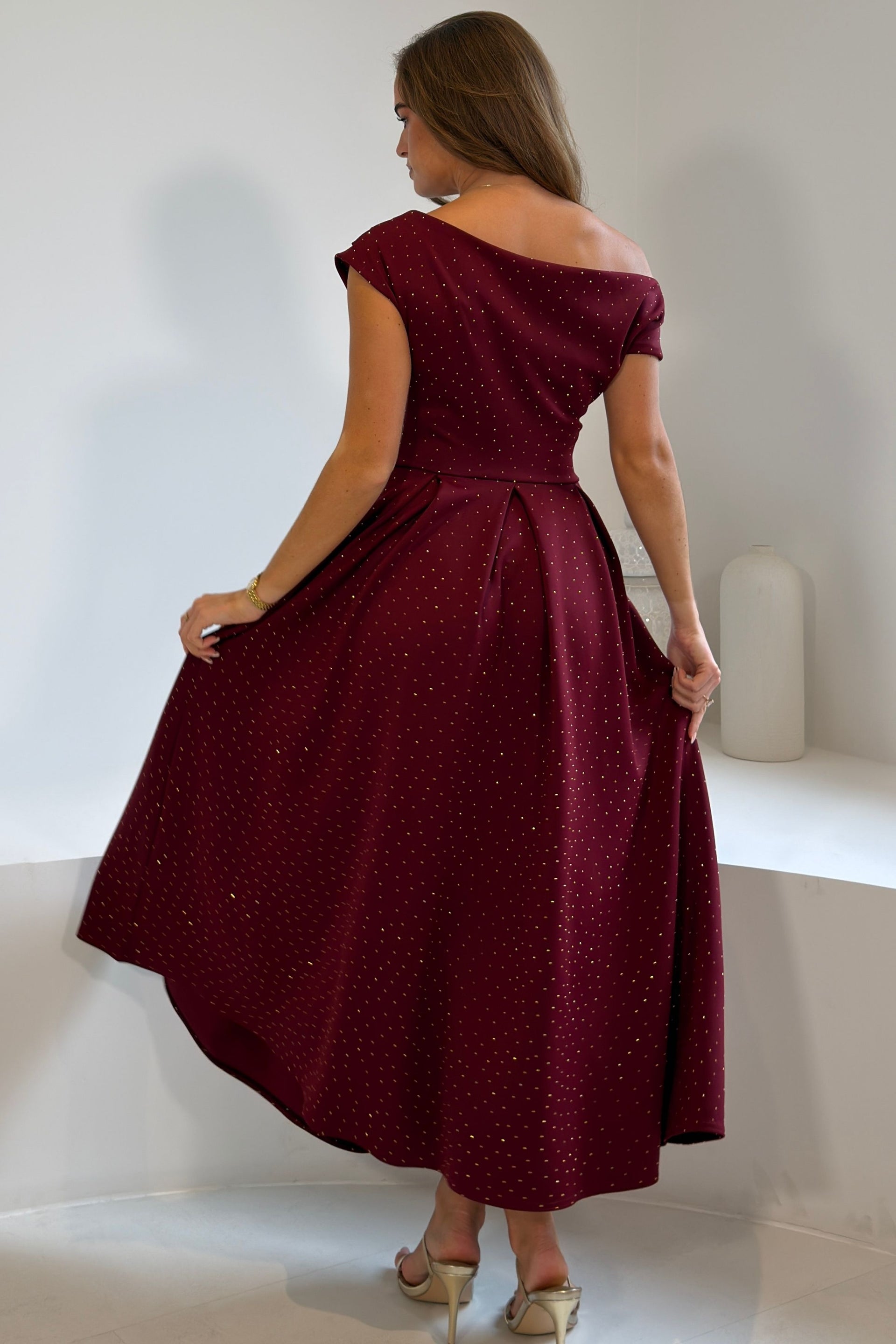 Betty Asymmetric Neckline Skater Midi Hotfix Wine