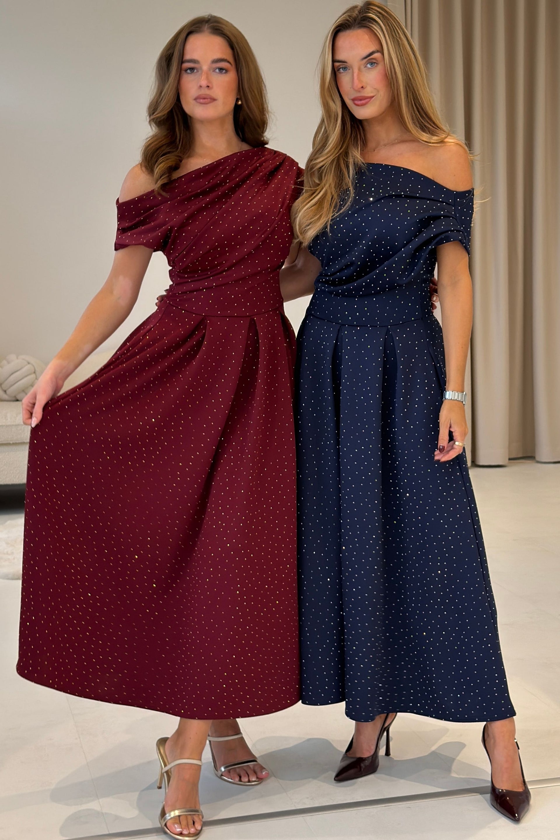 Betty Asymmetric Neckline Skater Midi Hotfix Wine